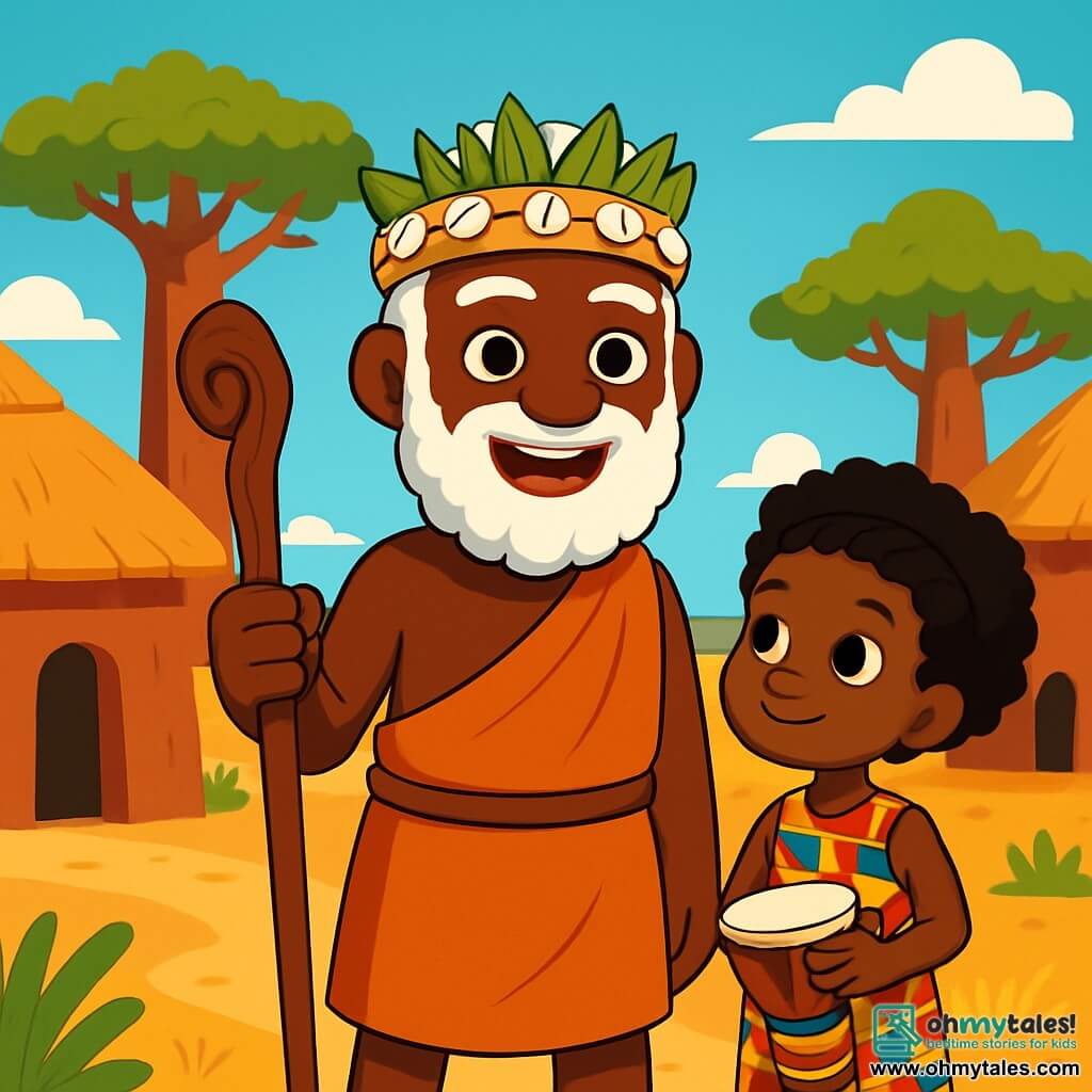 A man, Chief Kofi, stands at the center of the scene with a smiling face and determined eyes. He has a snow-white beard and wears a crown woven from palm leaves and shells. He holds a carved wooden staff, ready for adventure. Next to him is a young girl, Amina, about 10 years old, with curly hair and sparkling eyes, watching curiously. She wears a colorful kente dress and holds a miniature drum, eager to see what Chief Kofi will do. The setting is a vibrant African village with clay houses and thatched roofs, majestic baobabs reaching for the sky, and golden fields stretching under a bright blue sky. The main situation shows Chief Kofi preparing to search for the Spirit of the River, with Amina by his side, ready to accompany him in this quest to restore harmony and music in their village.
