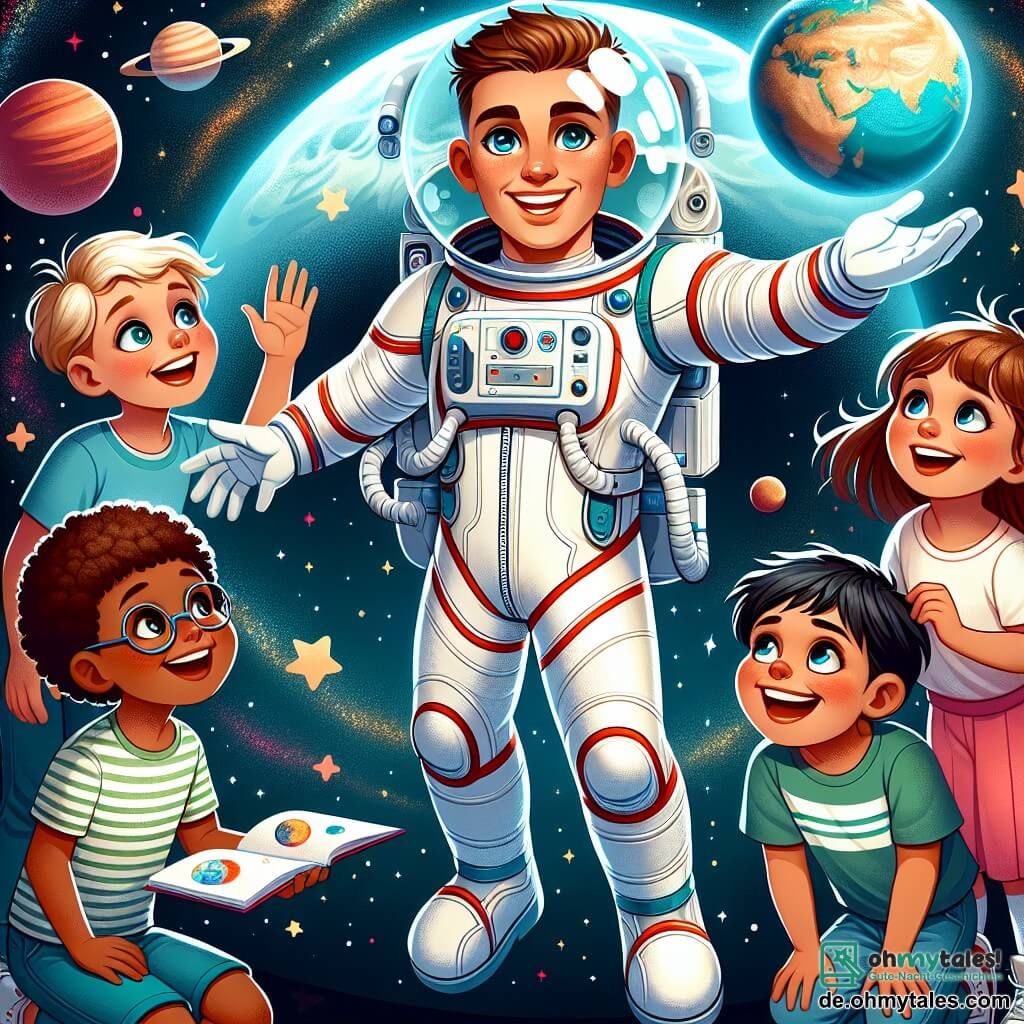 Ein lächelnder und begeisterter Astronaut schwebt im Weltraum, gekleidet in einem eleganten, bunten weißen Raumanzug mit blauen und roten Akzenten. Sein transparenter Helm zeigt ein freudiges Gesicht mit funkelnden Augen. In seinen Händen hält er ein kleines Modell des Planeten Mars. In der Nähe beobachtet eine Gruppe von vier Kindern, zwei Mädchen und zwei Jungen im Alter von 6 bis 8 Jahren, fasziniert. Das erste Mädchen mit lockigem braunem Haar trägt einen rosa Raumanzug und winkt dem Astronauten zu. Der zweite Junge mit Brille und blonden Haaren hält ein Buch über den Weltraum und schaut neugierig zu. Das dritte Mädchen mit glattem schwarzem Haar trägt ein grünes T-Shirt und zeichnet Sterne in ein Heft. Der letzte Junge mit roten Haaren und einem breiten Lächeln trägt ein blaues T-Shirt und macht eine ermutigende Geste. Die Szene spielt in der Weite des Weltraums, wo funkelnde Sterne und bunte Planeten einen magischen Hintergrund bilden. Die Erde ist in der Ferne sichtbar, mit ihren Blau- und Grüntönen. Der Astronaut erklärt den Kindern, dass er Mars erkunden wird, und gemeinsam teilen sie einen Moment des Traums und des Abenteuers, während sie sich die Wunder vorstellen, die sie im Universum entdecken werden.