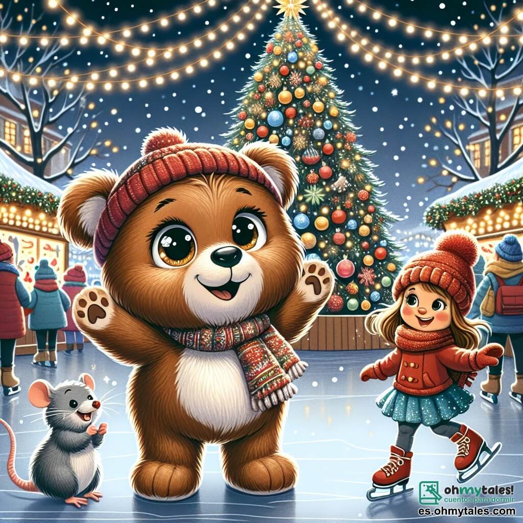 Ilustración que representa un pequeño oso de peluche, con un suave pelaje marrón y ojos brillantes, que expresa gran alegría y emoción. Está de pie en el centro, con los brazos abiertos, mirando un enorme árbol de Navidad decorado con guirnaldas brillantes y bolas de colores. A su lado, un pequeño ratón de pelaje gris, con grandes ojos curiosos y una sonrisa amistosa, que parece entusiasta y listo para ayudar. Se mantiene ligeramente atrás, levantando una pata para indicar la dirección del árbol. Un poco más lejos, una niña rubia, con un gorro rojo y una bufanda de lana, patina alegremente sobre el hielo, mostrando una sonrisa radiante y mejillas sonrojadas de felicidad. Ella está haciendo una pirueta, llamando la atención de los demás. El lugar principal es un mercado navideño animado, lleno de puestos coloridos, luces brillantes y decoraciones festivas. Copos de nieve caen suavemente, añadiendo un toque mágico a la atmósfera. La situación principal muestra al oso y sus amigos reunidos alrededor del árbol de Navidad, celebrando su amistad y la magia de la Navidad, rodeados de risas y alegría. Otros elementos gráficos incluyen guirnaldas luminosas, regalos coloridos a los pies del árbol y copos de nieve en el aire, creando un ambiente cálido y festivo.