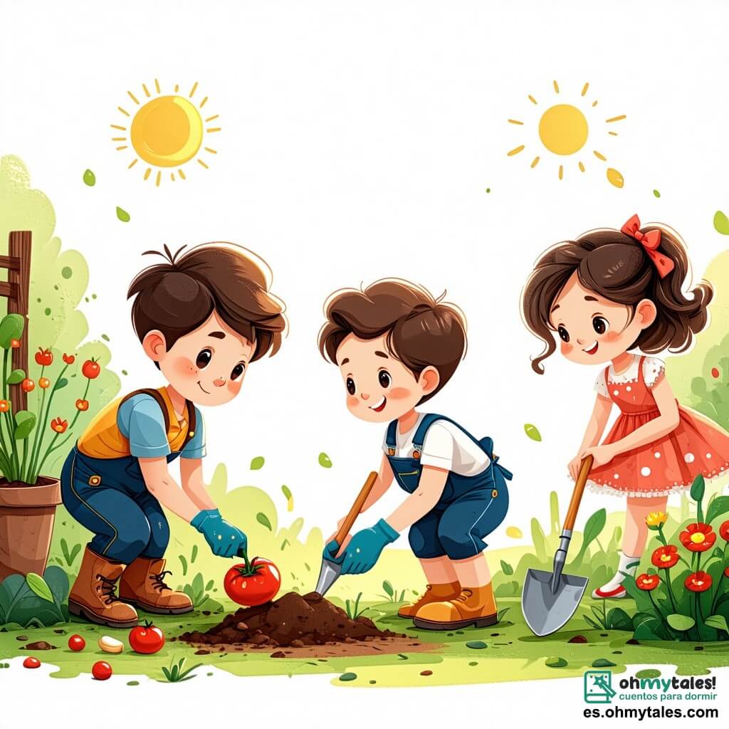 En un jardín soleado, tres niños están en plena actividad. Pedro, un niño de ocho años con cabello castaño desordenado y una sonrisa brillante, está agachado cerca de un agujero que ha cavado para plantar semillas de tomate. A su derecha, Sofía, una niña de ocho años con cabello rizado y ojos brillantes, sostiene una pequeña pala y observa con asombro las flores que comienzan a brotar. A la izquierda, Tomás, un niño de ocho años con gafas y cabello rubio, está de pie, regando con una regadera colorida las plántulas jóvenes. El jardín es un lugar mágico, lleno de flores multicolores, mariposas revoloteando y un cielo azul brillante. Los niños se divierten plantando semillas y hablando de sus flores favoritas, riendo juntos mientras descubren la belleza de la naturaleza en primavera.