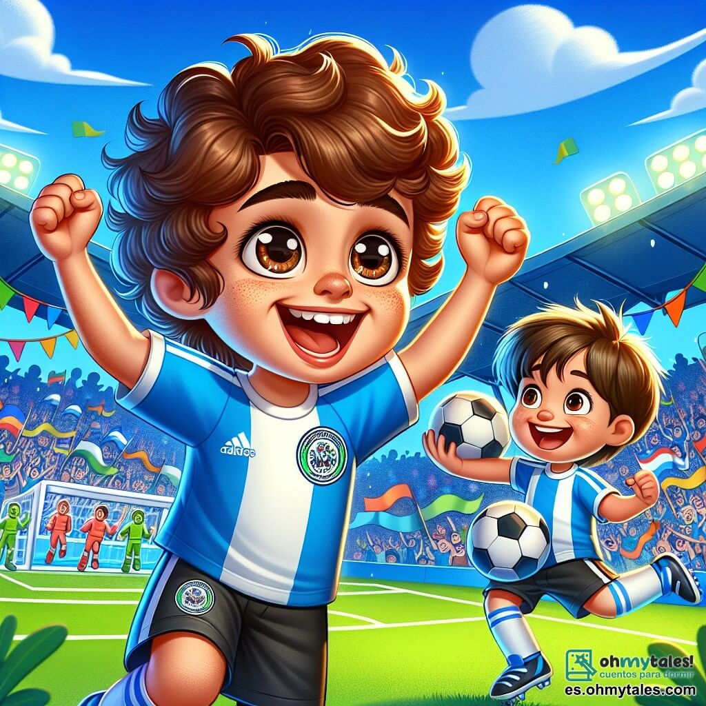 Un joven, Alejandro, de unos 25 años, está en el centro de la imagen. Tiene cabello castaño y rizado, ojos marrones brillantes de alegría y una amplia sonrisa que expresa emoción. Lleva una camiseta de fútbol azul con el logo de su equipo, pantalones cortos negros y zapatillas deportivas blancas. Alejandro está celebrando un gol, levantando los brazos al aire con entusiasmo en el campo de fútbol. A su lado, Manu, un niño de 10 años, salta de alegría. Tiene el cabello despeinado, una camiseta de fútbol demasiado grande para él y una expresión maravillada en su rostro. Sostiene un balón de fútbol bajo el brazo, mirando a Alejandro con admiración. El fondo es un estadio vibrante, lleno de espectadores que aplauden y agitan banderas de colores. El cielo es azul con algunas nubes blancas, y el campo es de un verde brillante, perfectamente cuidado. La escena principal muestra a Alejandro y Manu celebrando juntos un gol decisivo, rodeados de un ambiente festivo y alegre, simbolizando la pasión por el fútbol y la amistad.