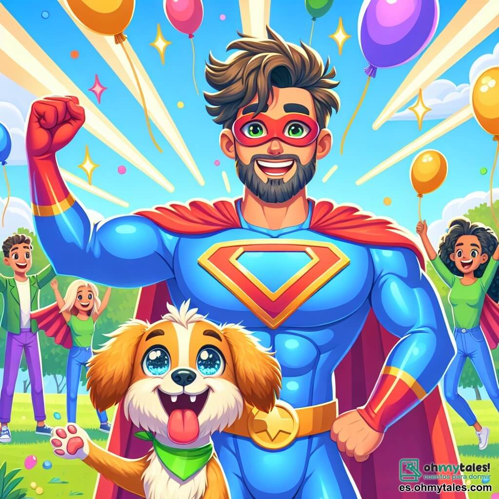 Un hombre llamado Paco, con cabello castaño desordenado y una sonrisa brillante, se encuentra en el centro del escenario, rodeado de globos de colores que flotan a su alrededor. Lleva un traje de superhéroe azul brillante con una capa roja que vuela al viento, y parece alegre y orgulloso, levantando los brazos al aire como si acabara de lograr un increíble éxito. A su lado, Chispas, un pequeño perro de pelaje dorado y ojos chispeantes, salta alegremente, sus orejas moviéndose al ritmo de su emoción. Emite un pequeño ladrido, y destellos de luz brillan a su alrededor, mostrando que está usando sus poderes. En el fondo, un grupo de superhéroes, incluyendo a una mujer de cabello largo y rizado vestida de verde con una máscara, aplaude con entusiasmo. El lugar es un parque soleado, lleno de árboles de hojas verdes brillantes, flores coloridas y un cielo azul claro. Niños ríen y juegan alrededor, algunos observando con asombro la escena. La situación principal muestra a Paco transformando un cometa en un enorme globo rojo, mientras Chispas, con un ladrido alegre, controla el viento para hacer flotar el globo alto en el cielo, creando un momento mágico y cómico que asombra a todos los espectadores.