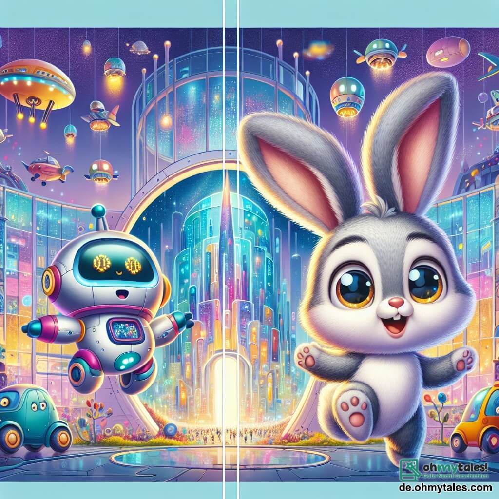 Ein kleiner Hase mit großen Ohren und leuchtenden Augen, einem weichen grauen Fell, steht neugierig und erstaunt im Mittelpunkt der Szene. Er hüpft fröhlich, bereit, eine faszinierende Welt zu erkunden. An seiner Seite lächelt ein freundlicher Roboter mit runden Formen und funkelnden Lichtern begeistert und zeigt seinen leuchtenden Bildschirm, der bunte Bilder anzeigt. Im Hintergrund erhebt sich majestätisch ein futuristisches Gebäude aus Glas mit lebhaften Farben, umgeben von fliegenden Fahrzeugen und hängenden Gärten, was eine magische und dynamische Atmosphäre schafft. Die Szene zeigt den Moment, in dem der Hase die geheimnisvolle Tür entdeckt, die zu einer Welt des Wissens führt, bereit, Rätsel zu lösen und unglaubliche Abenteuer zu erleben.