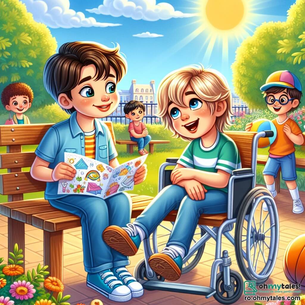 Într-un parc însorit, Alex, un băiat de 8 ani cu părul brun și ochi strălucitori, stă pe o bancă din lemn, ținând o scrisoare colorată în mâini. Lângă el, Andrei, un băiat de 9 ani în scaun cu rotile, cu părul blond și un zâmbet cald, îl privește pe Alex cu curiozitate. Mai încolo, Marius, un băiat de 7 ani cu părul creț și ochelari rotunzi, se joacă cu o minge, râzând vesel. Parcul este plin de flori colorate, copaci verzi și un cer albastru deschis, creând o atmosferă veselă și primitoare. Scena arată cum Alex își împărtășește gândurile cu prietenii despre importanța de a vorbi despre emoțiile lor după divorțul părinților, ilustrând astfel sprijinul și prietenia care îi leagă în această perioadă dificilă.