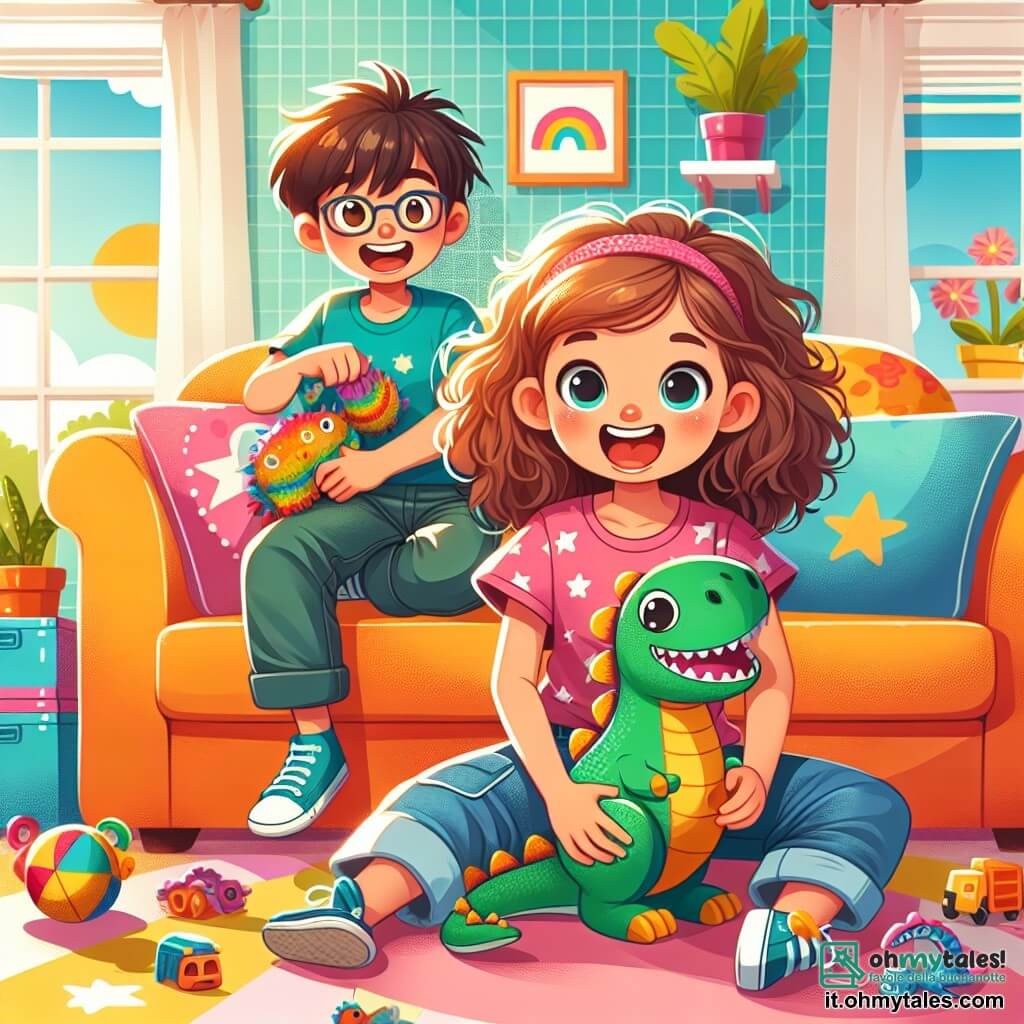 Una ragazza di 10 anni, Chiara, con capelli castani e ricci e occhi vivaci, è seduta sul pavimento del soggiorno, tenendo un adorabile pupazzetto a forma di dinosauro chiamato Dino, con un grande sorriso sul volto. Indossa una maglietta rosa con stelle e un pantaloncino di jeans, e sembra piena di energia ed entusiasmo. Accanto a lei, suo fratello Marco, di 12 anni, con capelli castani e occhiali, fa una smorfia divertente per farla ridere. Indossa una maglietta blu e pantaloni cargo, ed è accovacciato, pronto a imitare un animale. Il soggiorno è luminoso e accogliente, con un grande divano colorato, cuscini sparsi e giocattoli in disordine. La scena principale mostra Chiara e Marco in competizione ludica, ridendo e divertendosi insieme in una corsa ad ostacoli improvvisata, con Dino come il loro prezioso trofeo.