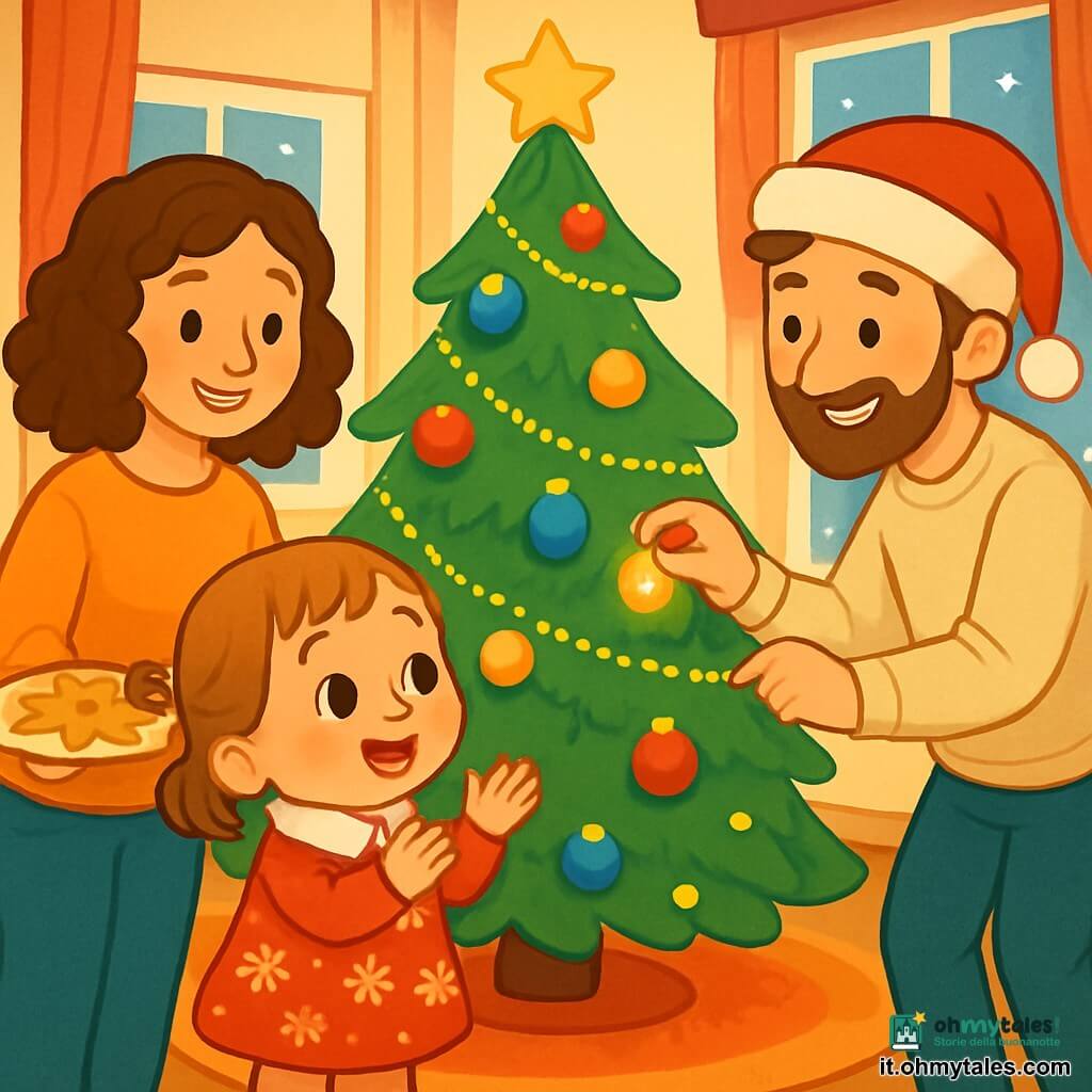 Una bambina di 2 anni, di nome Lina, con grandi occhi brillanti e guance rosa, sorride gioiosamente guardando un grande albero di Natale decorato con palline colorate e ghirlande scintillanti. Indossa un bel vestito rosso con motivi di fiocchi di neve e una sciarpa bianca. Accanto a lei, sua mamma, una donna di circa 30 anni, con capelli castani e ricci, sorride teneramente mentre tiene un piatto di biscotti di Natale. Indossa un maglione morbido e caldo. Un po' più in là, suo papà, un uomo di circa 35 anni, con una leggera barba e un cappello di Natale, regola le luci dell'albero, piegandosi con un sorriso complice. La scena si svolge in un soggiorno accogliente, con pareti color crema, finestre decorate con tende rosse e un tappeto morbido sul pavimento. Fuori, la neve cade dolcemente, coprendo il paesaggio con un manto bianco. Lina, incantata, applaude scoprendo le decorazioni scintillanti dell'albero, mentre mamma e papà condividono un momento di felicità, creando un'atmosfera calda e festosa.