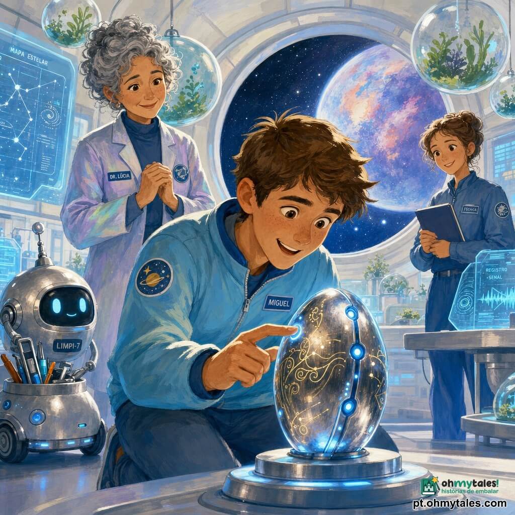 Um homem, Miguel, sorrindo e maravilhado, rosto redondo com leves sardas, cabelo castanho curto e jaqueta espacial azul-claro, ajoelhado estende a mão para tocar suavemente uma pequena baliza metálica oval brilhante com LEDs azuis e padrões dourados gravados que se iluminam; a Dra. Lúcia, cerca de 45 anos, filha, cabelo grisalho cacheado preso e jaleco que muda de cor, está em pé atrás dele com as mãos juntas e olhar orgulhoso; um pequeno robô de limpeza prateado e arredondado roda suavemente à esquerda carregando instrumentos; uma jovem técnica de ~25 anos observa com um caderno à direita perto de uma mesa; o laboratório espacial é luminoso, com paredes brancas e painéis de vidro, plantas aquáticas em bolhas suspensas, ecrãs holográficos translúcidos mostrando mapas de estrelas e uma grande janela circular com vista para um céu estrelado e um planetoide enevoado colorido; cena principal: momento caloroso de descoberta e amizade, Miguel toca a baliza que responde com um brilho, todos sorriem, atmosfera calma com cores pastéis, reflexos metálicos e iluminação suave, composição centrada na mão de Miguel e na baliza.