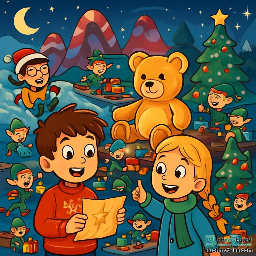 Hay 3 personajes: - Lucas: un niño de 9 años, con el cabello castaño desordenado y ojos llenos de curiosidad. Lleva un suéter rojo con un diseño de reno y sostiene un mapa mágico en sus manos, mirando con asombro. - Valeria: una niña de 7 años, con el cabello largo y rubio trenzado, lleva una bufanda verde y un abrigo azul. Sonríe alegremente, señalando un árbol de Navidad brillante a su lado. - Tomás: un niño de 8 años, con cabello negro y gafas redondas. Viste una chaqueta amarilla y un gorro de Navidad. Se ríe mientras se desliza por una colina nevada, justo detrás de Lucas y Valeria. El lugar se desarrolla en el País de la Navidad, un paisaje de ensueño lleno de montañas de caramelos de colores, árboles de Navidad iluminados y un cielo estrellado. Copos de nieve caen suavemente, creando un ambiente mágico y cálido. La situación principal muestra a los tres amigos descubriendo un enorme taller de duendes, donde se fabrican juguetes a toda velocidad. Los duendes se mueven a su alrededor, y un gran oso de peluche mágico se encuentra en el centro, brillando con luz dorada. Los niños están maravillados y ríen juntos, listos para vivir una aventura inolvidable.