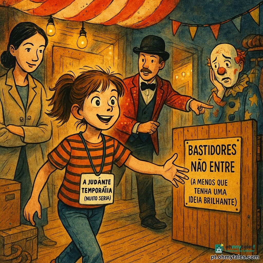 Uma menina de 12 anos, entusiasmada e concentrada, olhos grandes, cabelo castanho em rabo de cavalo ligeiramente despenteado, camiseta às riscas e jeans, usa um crachá falso escrito à mão "AJUDANTE TEMPORÁRIA (MUITO SÉRIA)" e avança confiante em direção a uma porta batente; a mãe sorri tranquilizadora atrás à esquerda com os braços cruzados; Pompom, dono do circo de ~40 anos, bigode cuidado, casaco de lantejoulas vermelho e chapéu-coco, aponta para três corredores ao fundo com ar apressado mas cúmplice; o palhaço, 30–35 anos, sem nariz, maquilhagem pálida e fato colorido amarrotado, segura o rosto espantado junto a uma pilha de fatos à direita. Entrada dos bastidores do circo: lona riscada vermelho e branco, chão de madeira marcado, lâmpadas pendentes de luz quente, caixas de adereços, guirlandas e porta com placa "BASTIDORES — NÃO ENTRE (A MENOS QUE TENHA UMA IDEIA BRILHANTE)". Cena central: a menina investiga o desaparecimento do nariz do palhaço; clima de suspense leve, cores saturadas (vermelho, amarelo, azul), traço de tinta nítido, sombras e brilhos, texturas de tecido, madeira e metal, composição centrada na menina com os adultos em diagonal atrás dela.