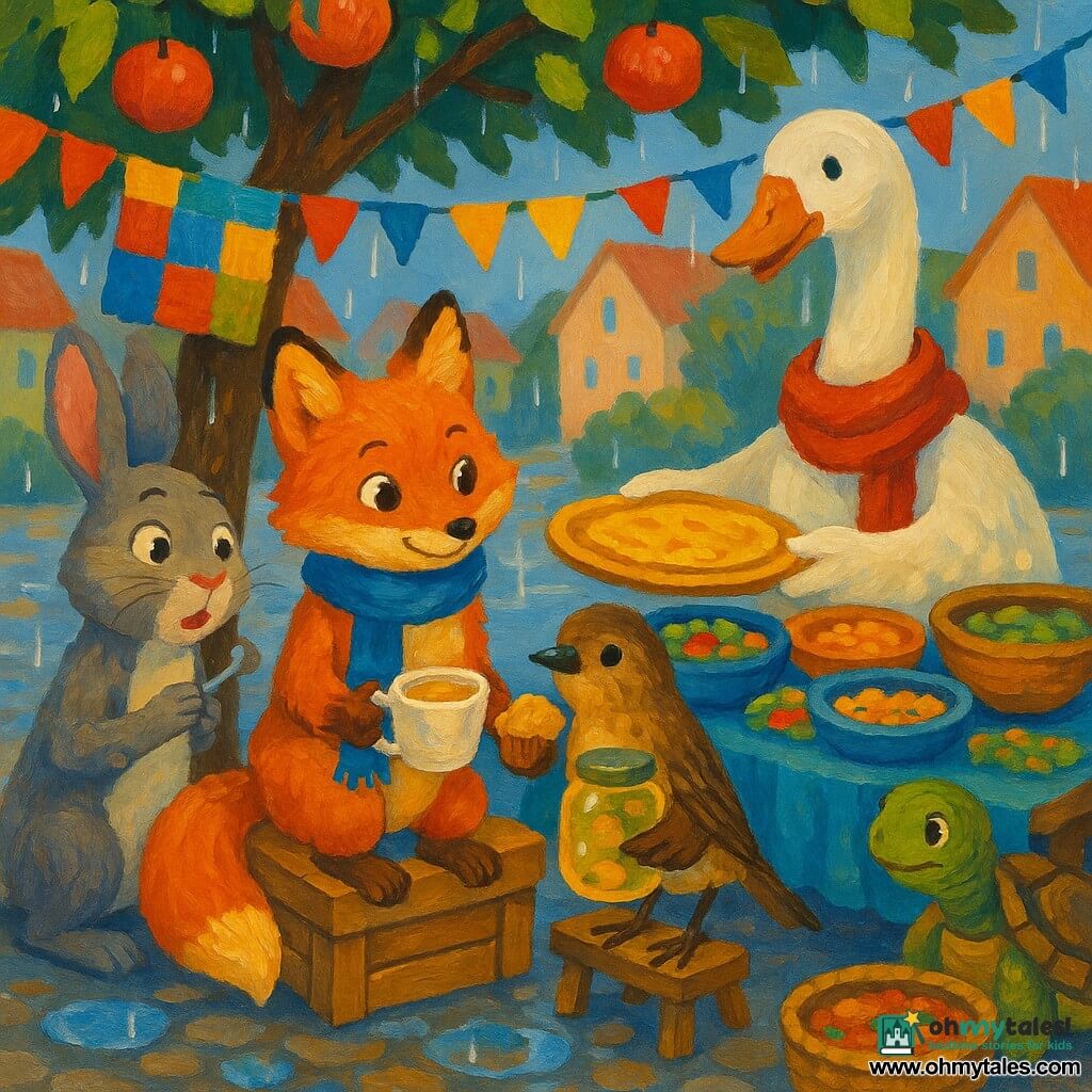 Pip the fox: small red fox with shiny fur and hazel eyes, gentle brave expression, sitting on a wooden crate offering a cup of chamomile and a muffin, blue rain‑damp scarf; Sami the sparrow: small marsh sparrow with brown speckled feathers, shy relieved look, perched on the table edge holding a jar of glowing pickles; Greta the goose: plump white goose with a long neck and red scarf, warm smile, standing behind a table offering a golden paratha; Mateo the rabbit: gray rabbit with large ears, surprised joyful face tasting a spoonful of pickle, left of Pip; Tori the turtle: green‑brown shelled turtle, calm and attentive, watching near a stew basket; setting: village square under a large apple tree with colorful hanging cloths, wooden tables piled with colorful dishes, tiny flags, light rain and shiny puddles on cobbles; scene: warm market exchange where Pip encourages Sami to share pickles, small gestures of solidarity as animals taste curiously, bright atmosphere despite rain, warm colors, visible brushstrokes, wet reflections and sharp facial and food textures in a vivid, high‑contrast acrylic painting style.