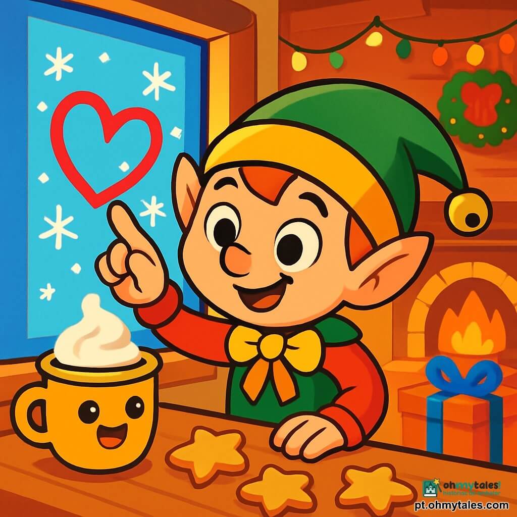 Um duende travesso, Pirilim, com olhos brilhantes e um sorriso travesso, usa um gorro verde com um pequeno sininho que faz "plim-plim". Ele está desenhando um coração na janela, cercado por flocos de neve cintilantes. Ao lado dele, uma pequena caneca de chocolate quente com um rosto sorridente e bordas douradas parece rir de suas travessuras. Ela está sobre a mesa, olhando para Pirilim com olhos redondos e alegres. A cena acontece em uma aconchegante cozinha de Natal, decorada com luzes, uma grande mesa de madeira adornada com biscoitos em forma de estrelas e uma lareira crepitante. Pirilim se diverte preparando surpresas para seus amigos, trocando laços coloridos e adicionando um toque de magia à festa.
