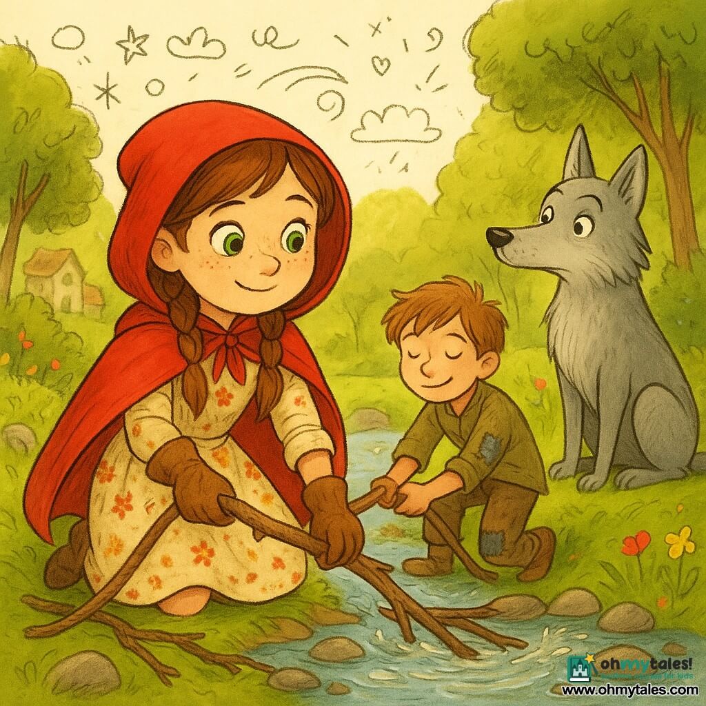Little Red Riding Hood: a brave, gentle girl with a round freckled face, bright green eyes, brown braids, wearing a bright red hooded cloak and floral dress, holding a rope and dirty gloves, kneeling by a stream to clear branches; Robin: a shy but smiling ~10-year-old boy with tousled light-brown hair and patched clothes, helping pull a large branch to the left and slightly behind her; the Wolf: a large elegant silvery-gray animal with a surprised peaceful expression and raised muzzle, seated at the treeline to the right, observing non-aggressively; setting: a sparkling stream amid green moss and smooth stones, broken branches and bits of rope, colorful wildflowers and dense leafy trees forming a light-filled tunnel, with stone village cottages in the background; main scene: a moment of repair and reconciliation — the children work together to free the water, bright splashes, warm optimistic atmosphere and sunbeams filtering through the leaves.