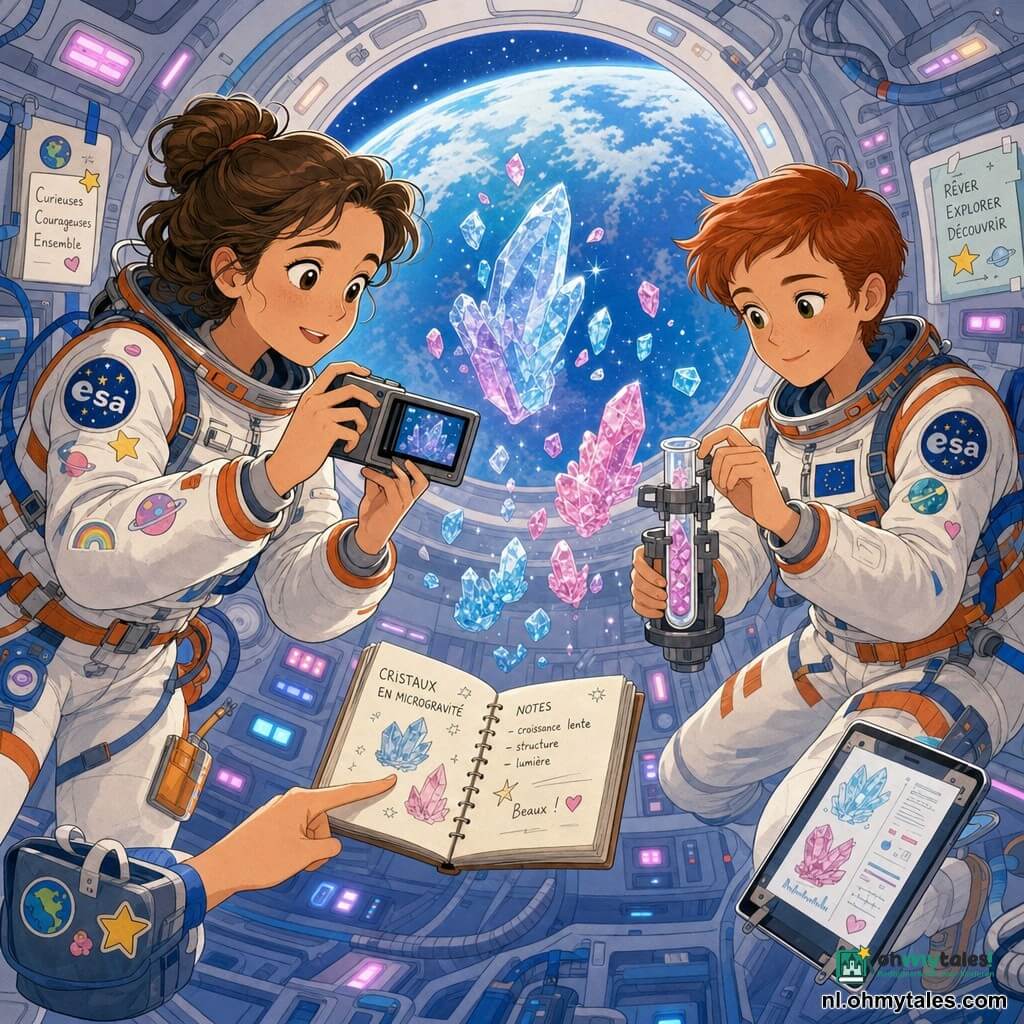 Een vrouwelijke astronaut van ongeveer 30 jaar met bruin haar in een knot, zacht geconcentreerd gezicht en verwonderde ogen, zweeft licht en filmt glinsterende kristallen met een kleine camera; haar wit-oranje ruimtepak is versierd met kleurrijke stickers. Rechts van haar staat een vrouwelijke collega van circa 32 jaar met kort rood haar die zacht glimlacht en een tang op een reageerbuisje zet om materiaal te beveiligen. Tussen hen zweeft een geopend notitieboek met eenvoudige schetsen en een wijzende hand die naar een aantekening wijst terwijl ze naar de camera kijkt. Het ronde interieur heeft grijze wanden met buizen, pastelverlichte panelen, riemen en magnetische tabletjes; door een groot rond raam is de blauwe, bebloemde aarde zichtbaar. In het midden drijven doorzichtige kristallen als kleine glazen bergen die blauwe en roze vonken weerspiegelen; de sfeer is kalm, veilig en vol verwondering.