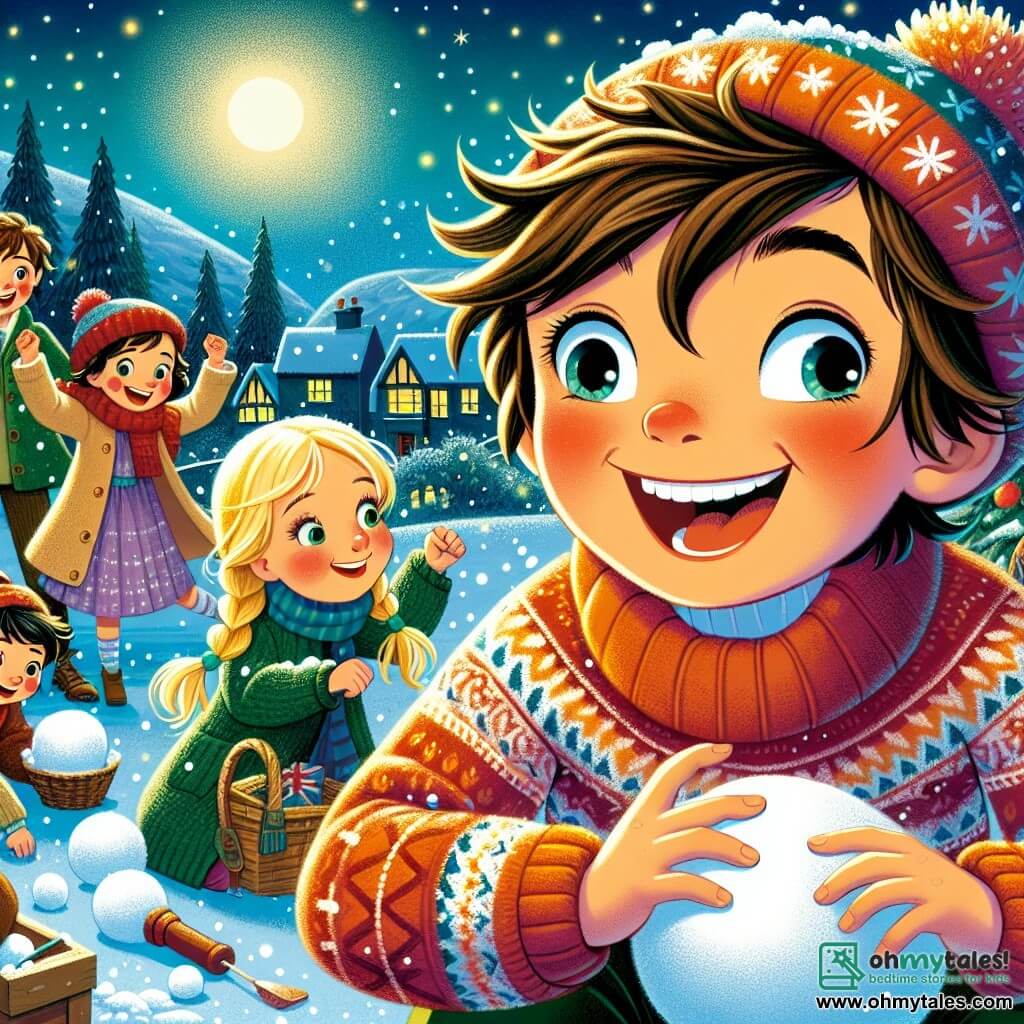 An 11-year-old boy, Max, with messy brown hair and sparkling joyful eyes, is at the center of the image. He wears a large red sweater with a snowflake pattern and a blue wool hat, laughing heartily as he throws a snowball. Next to him is his little sister Lily, a 7-year-old girl with blonde braids and a bright smile, gathering snow to make a snowball, her cheeks rosy from the cold. In the background, their friends, including Timmy, a 10-year-old boy with glasses and a green coat, are preparing to throw snowballs, all laughing and having fun together. The setting is an enchanting winter landscape, with trees covered in sparkling snow, a starry sky, and a bright moon illuminating the scene. In the distance, warmly lit houses create a festive atmosphere. The main scene shows Max and his friends in a snowball fight, their faces beaming with happiness, capturing the joyful spirit of New Year's celebration.