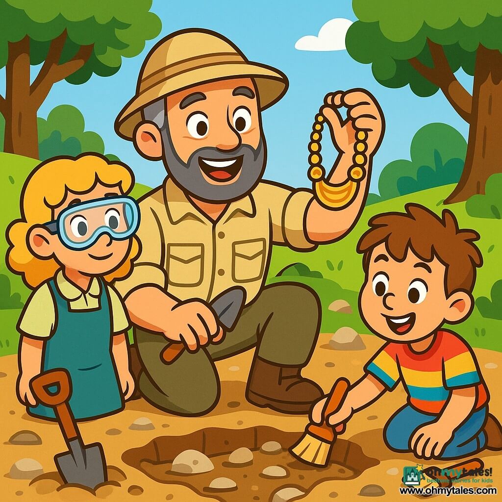 A man, Professor Oliver, is at the center of the image, with graying hair and a well-groomed beard. He wears an explorer's hat and a beige shirt, his face radiating excitement and curiosity. He is crouching, holding a small shovel in one hand and an ancient artifact in the other, with a look of wonder. Next to him is an 8-year-old girl, Lily, with curly blonde hair, wearing a gardening apron and protective goggles. She watches the professor intently, her eyes shining with admiration. A 6-year-old boy, Max, with messy brown hair and a colorful t-shirt, is digging into the ground with a small brush, a broad smile on his face. The setting is an outdoor archaeological site, surrounded by green hills and large trees. The ground is scattered with stones and debris, with archaeological tools around them. The main scene shows Professor Oliver discovering a beautiful ancient necklace, while Lily and Max watch in awe, their faces lit up with the joy of discovery.