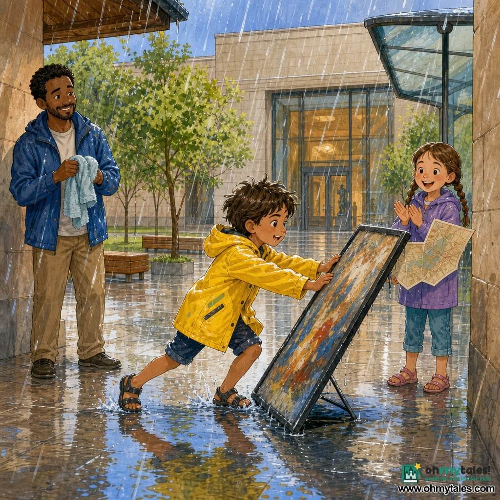 A 6-year-old boy with a round face, tousled light-brown hair and bright eyes looks brave and amazed in a shiny yellow rain jacket and wet sandals as he runs through pouring rain to steady a leaning sign against a wall; a girl of about six (Maya) with brown hair in two braids smiles and cheers under a glass shelter holding a large folding map, while their father, 35–40, light beard and blue jacket, stands under the roof edge on the left, drying a towel and watching proudly; the scene is a museum courtyard with wet pale paving stones, square planter trees, smooth wooden benches, large glass doors and a reflective puddle, rain creating visible splashes and droplets and an overall mood of helping and a small summer adventure.