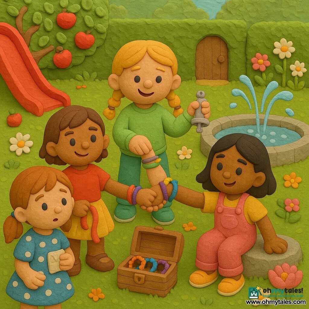 Four 6-year-old girls—Mia (light brown pigtails, blue polka-dot dress, curious, holding a crumpled card), Lola (short brown hair, red tee and yellow skirt, holding a red ribbon, standing proudly), Nora (blond braids, light green sweater and pants, holding a silver bell, smiling and holding Zoe’s hand) and Zoe (straight black hair, pink overalls, yellow shoes, leaning on a stone by a fountain)—stand in a sunny garden with textured green grass, colorful flowers, a red slide, an apple tree and a stone fountain, gathered in a semicircle around an open small wooden chest near the fountain containing four bright wool bracelets, wrists joined in the center, joyful atmosphere, saturated colors, soft rounded shapes and visible clay-model textures.