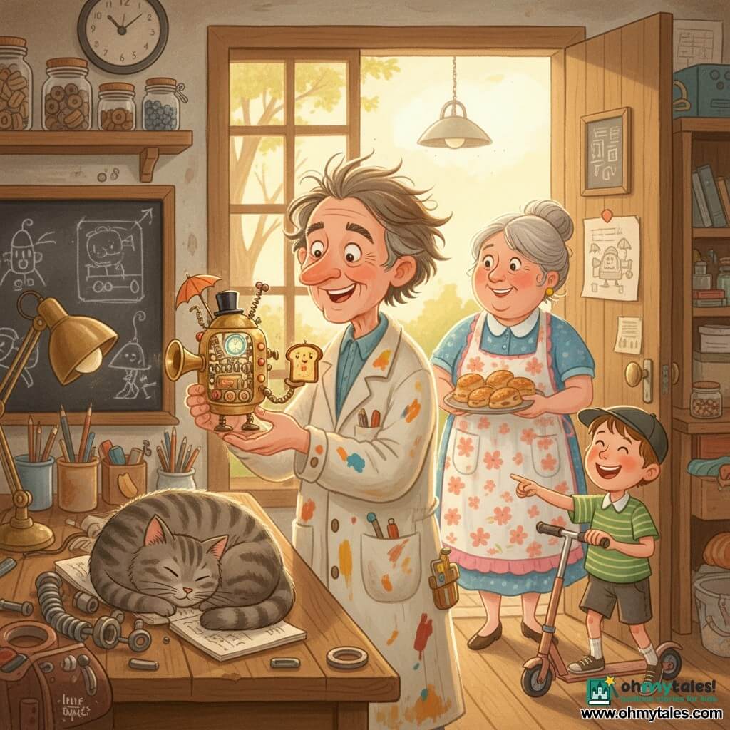 A smiling, wide-eyed inventor with tousled gray-brown hair and a stained work smock delicately holds a small brass device of springs and glowing buttons on a wooden bench while Mrs. Peabody, a round-faced neighbor in her sixties with gray hair in a bun and a floral apron, stands in the workshop doorway holding a tray of scones and smiling, a nine-year-old boy named Ollie in shorts and a cap laughs and points from the threshold with his scooter propped against the wall, a lazy round tabby cat called Widget sleeps curled on a pile of metal parts with a paw over a crumpled notebook, and the warm, cluttered workshop—wooden shelves of jars, a chalkboard of sketches, articulating lamps and a morning golden light—frames the inventor proudly presenting his brass "Disaster Anticipator," an anthropomorphic gadget with jointed arms, a brass snout and tiny parasol that holds a slice of toast wearing a miniature hat in a humorous, colorful, cozy scene.