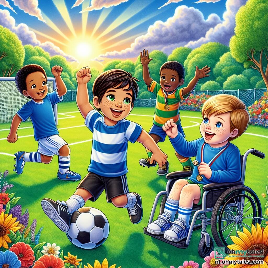 In een groen veld zijn vier jongens samengekomen om voetbal te spelen. Tom, een 10-jarig jongen met bruin haar en sprankelende ogen, dribbelt met de bal en glimlacht breed. Rechts van hem moedigt Sam, een 9-jarige jongen met blond haar en sproeten, hem aan met opgeheven armen. Joris, een 11-jarige jongen met zwart haar en een getinte huid, is klaar om de bal te ontvangen met open armen. Tot slot zit Alex, een 10-jarige jongen met kastanjebruin haar en een lichte huid, in zijn mooie rolstoel, gekleed in een blauwe t-shirt, met een fluitje in de hand en een blije glimlach terwijl hij zijn vrienden aanmoedigt. De locatie is een groot voetbalveld omringd door kleurrijke bloemen en groene bomen, onder een stralende blauwe lucht. De zonnestralen verlichten de scène en creëren een vrolijke en gastvrije sfeer. De jongens spelen samen, verenigd door vriendschap en tolerantie, terwijl Alex in zijn rolstoel als scheidsrechter fungeert, wat bewijst dat iedereen kan meedoen en plezier kan hebben, ongeacht de verschillen.