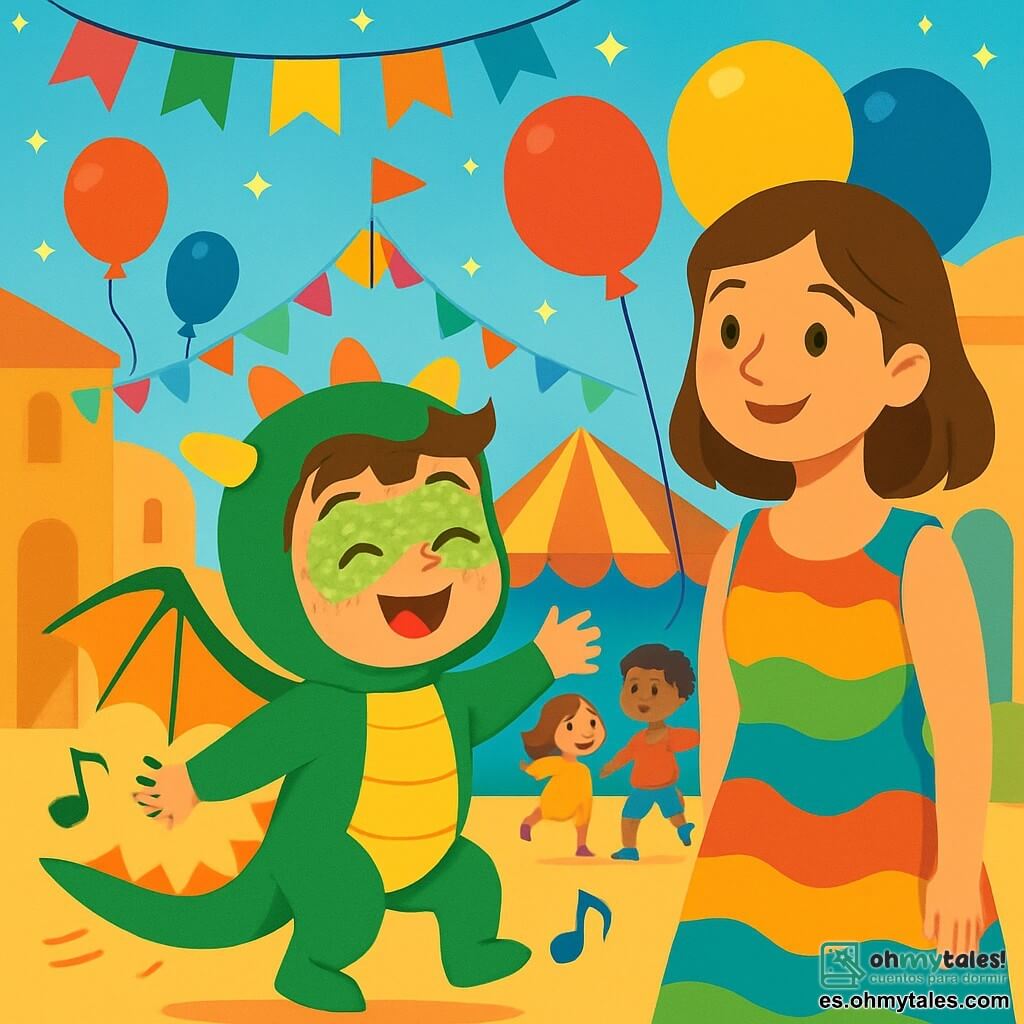 Un niño de 4 años, Tomás, sonriente y alegre, lleva un disfraz de dragón verde brillante con alas relucientes y una larga cola. Su rostro está pintado con purpurina brillante y baila con entusiasmo en medio de la fiesta. A su lado, su mamá, una mujer de unos treinta años, lleva un vestido colorido y mira a su hijo con orgullo, sosteniendo globos multicolores. Al fondo, la plaza del pueblo está animada, decorada con guirnaldas de papel, globos flotantes y luces centelleantes, mientras niños ríen y juegan alrededor de una gran carpa. La escena muestra a Tomás saltando de alegría, rodeado de música y risas, listo para vivir un día mágico en el carnaval.