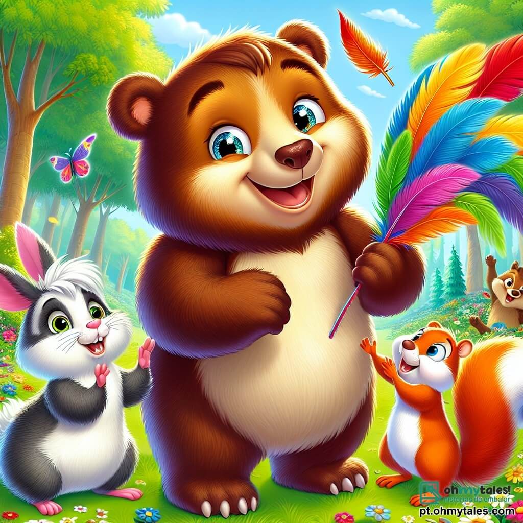 Um urso pardo, chamado Tico, com pelagem macia e olhos brilhantes de curiosidade, está no centro da cena, agitando uma grande pena colorida com um sorriso alegre no rosto. À sua direita, um porquinho-da-índia de grandes orelhas, chamado Zeca, com pelos brancos e cinzas, ri muito, com as patas levantadas, pronto para dar abraços. À esquerda, uma raposa astuta, Lola, com pelagem laranja viva e uma cauda fofa, observa com um sorriso travesso, segurando uma pena vermelha nas patas. Ao fundo, uma floresta encantada, com árvores de folhas verdes brilhantes, flores coloridas e um céu azul claro, cria uma atmosfera alegre e mágica. A cena mostra Tico e seus amigos brincando juntos, rindo e se abraçando com as penas, cheios de felicidade e amizade.