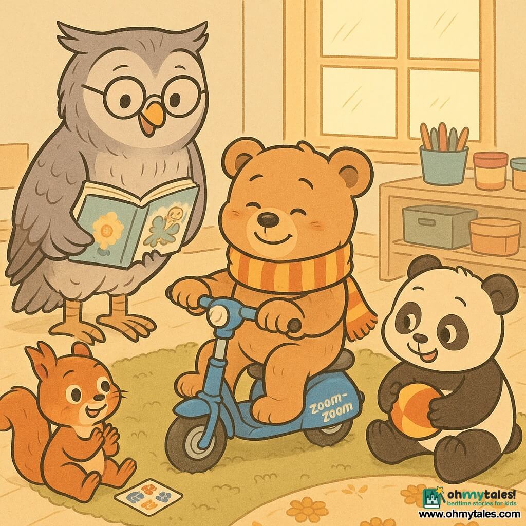 Benny is a small living teddy bear seated proudly on his shiny blue scooter called Zoom-Zoom, round face, light brown fur, striped scarf, relieved smiling expression as he settles on a small mossy green rug; Mrs. Owl is a large gray-feathered owl with round glasses, a kindly gaze, leaning toward Benny; Nettle the squirrel is small and red-haired with sparkling eyes, holding colorful stickers and softly applauding on the rug to Benny’s left; Panda Cub is a chubby panda cub with a mischievous smile holding a soft ball to Benny’s right, leaning forward; the classroom is warm with cream walls and large windows letting in golden light, low shelves of crayons and paint jars, a large cream round rug with marigold motifs and a play area for wheeled toys; the scene shows the reading circle with Benny on his rug by his scooter and friends in a semicircle, Mrs. Owl reading an illustrated book, calm pastel colors, soft textures and rounded lines.