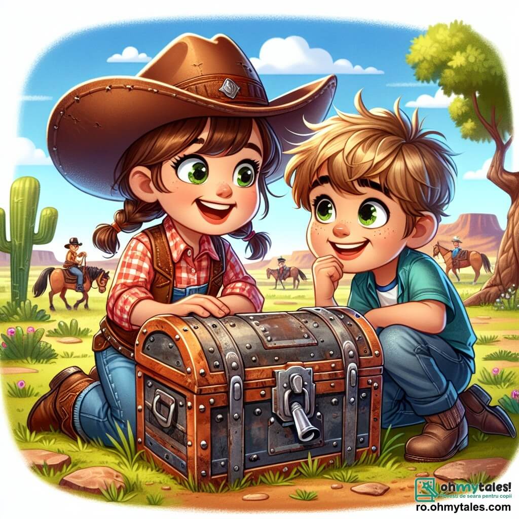 Liza, o tânără cowgirl de șapte ani, stă în centrul imaginii, cu un zâmbet mare pe față. Ea poartă o pălărie de cowboy, o cămașă în carouri roșii și o vestă din piele, precum și cizme din piele uzate. Părul ei brun este prins în două codițe și privește cu curiozitate o cutie veche din metal ruginit pe care încearcă să o deschidă. Lângă ea se află Tom, un băiat de aceeași vârstă, cu părul blond în dezordine și ochii strălucind de excitație. El poartă un tricou albastru și o pereche de blugi. Se apleacă înainte, observând cu atenție cutia, pregătit să o ajute să o deblocheze. Mediul lor este un ranch însorit, cu un cer albastru deschis și coline verzi la orizont. Cactuși și cai pasc în depărtare, în timp ce un stejar bătrân oferă umbră scenei. Situația principală îi arată pe Liza și Tom în plină căutare pentru a descoperi secretul cutiei misterioase, fețele lor fiind iluminate de anticipație și aventură.