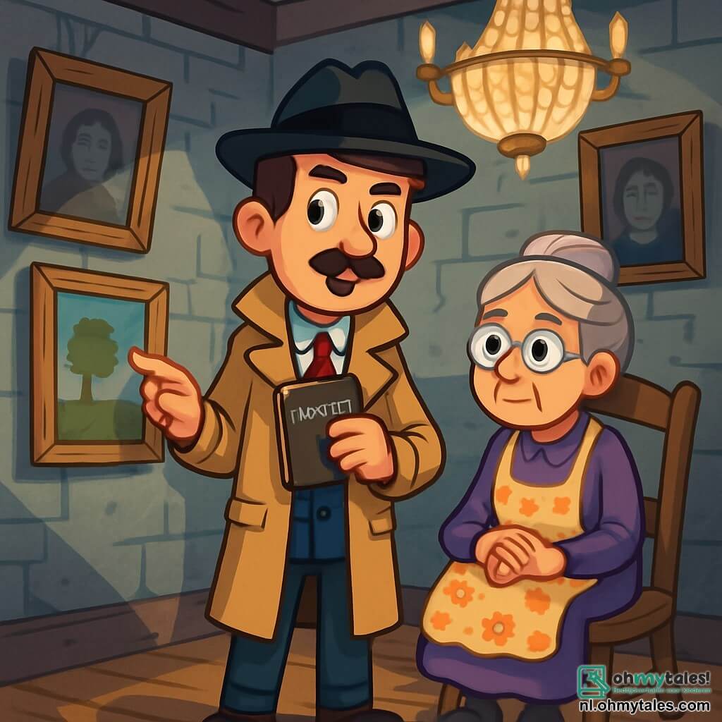 Een mannelijke detective, genaamd Bas, staat in het midden van de kamer, met een vastberaden en nieuwsgierige blik. Hij draagt een beige trenchcoat, een zwarte hoed en houdt een notitieboekje in één hand. Zijn haren zijn bruin en licht verward, en hij heeft een kleine snor die hem een ondeugende uitstraling geeft. Naast hem zit een oude vrouw, Mevrouw Jansen, ongeveer 70 jaar oud, op een houten stoel. Ze heeft grijs haar in een knot en draagt een bloemen schort. Ze kijkt naar Bas met een uitdrukking van wijsheid en mysterie, alsof ze belangrijke geheimen bezit. De locatie is een oud, stoffig landhuis, met muren van grijs steen, scheefhangende oude schilderijen en een grote kristallen kroonluchter die aan het plafond hangt. Schaduwen dansen op de versleten houten vloer en er hangt een geur van oude boeken in de lucht. De hoofd situatie toont Bas die een schilderij onderzoekt dat een geheim lijkt te verbergen, terwijl Mevrouw Jansen aandachtig toekijkt, klaar om aanwijzingen over de raadsel van het landhuis te onthullen.