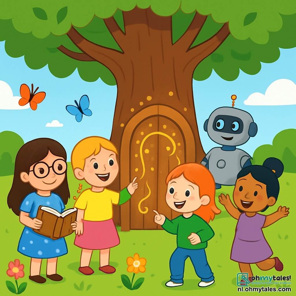 Er zijn 4 kinderen: - Noor: een 8-jarig meisje met lang bruin haar en ronde bril. Ze draagt een blauwe jurk met witte stippen en houdt een oud boek in haar handen. - Saar: een 7-jarig meisje met blonde vlechten en een stralende glimlach. Ze is gekleed in een gele t-shirt en een roze rok, en kijkt verwonderd naar de geheime deur. - Lotte: een 9-jarig meisje met rood haar en sproeten. Ze draagt een groene trui en een spijkerbroek, en wijst naar de robot Tikkie. - Mila: een 6-jarig meisje met zwart haar in een knot en sprankelende ogen. Ze is gekleed in een paarse jurk en danst vrolijk rond de deur. De situatie speelt zich af in een groen park met een majestueuze eik in het midden, waarvan de bladeren wijd uitwaaieren. Onder de boom schittert een houten deur met gouden patronen in het zonlicht, omringd door kleurrijke bloemen en fladderende vlinders. De vier meisjes staan rond de geheime deur, hun gezichten verlicht door opwinding. Tikkie, de vriendelijke robot, staat naast hen, klaar om hen mee te nemen op een ongelooflijk avontuur door de tijd.