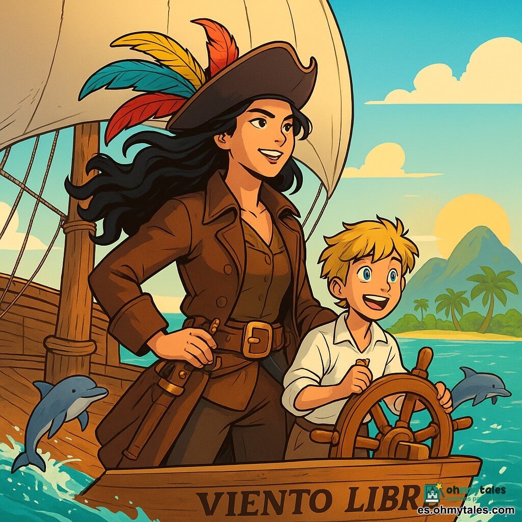 La capitana Mariana, una mujer intrépida de unos treinta años, se encuentra orgullosamente en la cubierta de su barco, el "Viento Libre". Tiene el cabello largo y ondulado, color ébano, que flota al viento, y una mirada decidida y llena de emoción. Lleva un sombrero de pirata adornado con plumas de colores y una chaqueta de cuero marrón, con un cinturón lleno de herramientas de navegación. A su lado, Carlos, un joven grumete de 12 años, con el cabello rubio despeinado y ojos brillantes de entusiasmo, sostiene firmemente el timón del barco, mirando con admiración a su capitana. Está vestido con una camisa blanca y pantalones de lona, un poco grandes para él. El escenario es un mar turquesa brillante bajo un cielo azul claro, con suaves olas que chocan contra el costado del barco. Al fondo, se ve una isla verde con palmeras que se balancean suavemente, y dos colinas majestuosas iluminadas por el sol poniente. La situación principal muestra a Mariana y Carlos navegando con determinación hacia la isla misteriosa en busca de un tesoro legendario, mientras delfines saltan alegremente alrededor del barco, añadiendo un toque de magia a esta emocionante aventura.