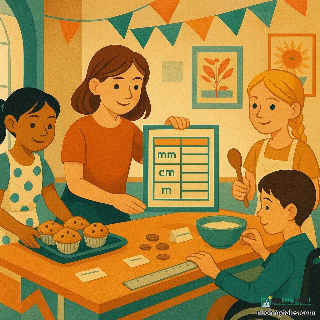 Vier meisjes van ongeveer 11 jaar verkopen muffins op een schoolmarkt in een grote aula met hoge plafonds en licht parket; Eline (bruin halflang haar, lichte sproet) staat achter de tafel en houdt centraal een grote gelamineerde kleurkaart met een "metrolijn" van conversies (mm→cm→m), Noor (zwart haar in staart, polkadot schort) staat links en legt netjes een rij muffins op een keramische schaal, Yara (blond gevlochten haar) staat rechts met een houten lepel en kom klaar om te helpen met wisselgeld, Sofie (kort haar, zit in een kleine rolstoel iets achteraan rechts) gebruikt een metalen liniaal om prijskaartjes en munten te rangschikken; een jongen telt twijfelend muntjes terwijl de meisjes behulpzaam en geconcentreerd wisselen; de zaal is versierd met kleurige tafelkleden, papieren slingers en handgemaakte posters, warme lichtinval van een grote linkerruit en art-deco accenten in turquoise, mosterd, koraal en crème.
