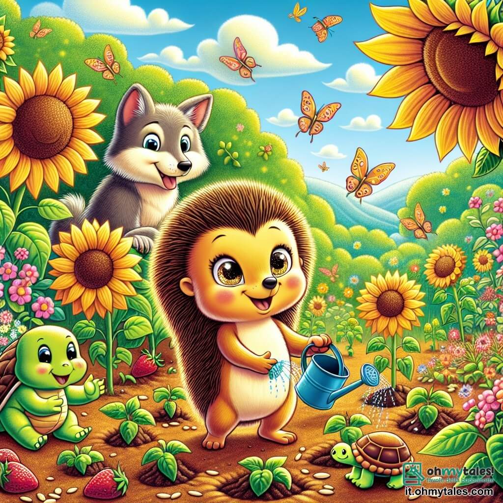 Nocciolina, un piccolo riccio dai pungiglioni dorati e dagli occhi scintillanti di gioia, si trova al centro di un giardino soleggiato, sorridente e piena di entusiasmo, mentre pianta semi di girasole nella terra fertile. Alla sua destra, Lupo, un lupo amichevole con pelliccia grigia e occhi dolci, annaffia le piante con un piccolo annaffiatoio, mostrando un'espressione concentrata ma felice. Alla sua sinistra, la Lepre, con il suo pelo marrone e le lunghe orecchie, sta raccogliendo fragole succose, con un grande sorriso sul volto, mentre la Tartaruga, una tartaruga dal guscio verde, si china per piantare nuovi semi, guardando Nocciolina con ammirazione. Il giardino è un luogo magico, pieno di fiori colorati che danzano al vento, grandi girasoli che si ergono fieri verso il cielo blu e alberi verdi che offrono ombra. La scena mostra Nocciolina e i suoi amici che lavorano insieme con gioia, celebrando l'amicizia e la bellezza della natura, mentre trasformano il giardino in un luogo incantevole per la loro festa d'estate.