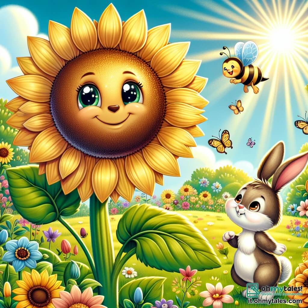 Un grande girasole, con grandi petali gialli brillanti e un cuore marrone dorato, si erge fiero e gioioso al centro di un giardino in piena fioritura, le sue foglie verdi vibranti si estendono verso il cielo. Sorride, con gli occhi scintillanti di felicità, mentre danza dolcemente sotto i raggi dorati del sole primaverile. Accanto a lui, una piccola ape, con un corpo a strisce nere e gialle e delicate ali traslucide, vola gioiosamente, raccogliendo polline. Sembra entusiasta, con un sorriso sul volto, mentre svolazza intorno al girasole. Un po' più in là, un coniglietto dalle grandi orecchie, con un morbido pelo marrone e occhi brillanti, salta allegramente, tenendo un cestino pieno di uova colorate. Sembra eccitato e felice, pronto a condividere la sua gioia con i suoi amici. Il giardino è un vero quadro di colori, con fiori di tutte le sfumature, farfalle che volano intorno e un cielo blu splendente. Raggi di sole filtrano tra le foglie, creando un'atmosfera calda e accogliente. La scena mostra il girasole, circondato dai suoi amici, mentre celebra la bellezza della primavera e danza insieme sotto il sole, pieni di gioia e amicizia.