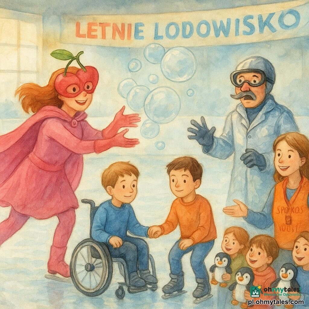 Kapitanka Pączusia uśmiechnięta i zdeterminowana w różowym płaszczu i masce w kształcie dwóch wiśni robi wielkie „Puf!” — z jej dłoni wylatują przezroczyste gumowe bańki; Doktor Mrozik zaskoczony, w srebrnym, odblaskowym płaszczu, goglach narciarskich i szpiczastym wąsem, stoi na platformie na lodzie; około 12-letni chłopiec na wózku z małymi łyżwami, spokojny i skupiony, prowadzi ruch z centrum koła, trzymając za rękę młodsze dziecko; Pani Lusia, około 30 lat, instruktorka w pomarańczowej kamizelce „Spokój na lodzie”, uśmiechnięta, organizuje uczestników przy brzegu; kilkoro dzieci (5–9 lat) śmieje się, trzyma czarno-białe pluszowe pingwiny, niektóre na łyżwach, tworząc falujące ludzkie koło; miejsce: duże wewnętrzne lodowisko z banerem „LETNIE LODOWISKO”, błękitno-białe refleksy na lodzie, lekka para unosząca się i ciepłe światło letniego słońca przez wielkie okna; scena dynamiczna i radosna — Kapitanka robi bańki, by rozładować chaos wywołany „Turbo” doktora, a różnorodność uczestników łączy się w wielki „Łańcuch Uśmiechu” na lodzie; styl: delikatna akwarela, żywe pastelowe kolory, płynne pociągnięcia, mokre faktury i kontrast między lodowym wnętrzem a światłem słonecznym.