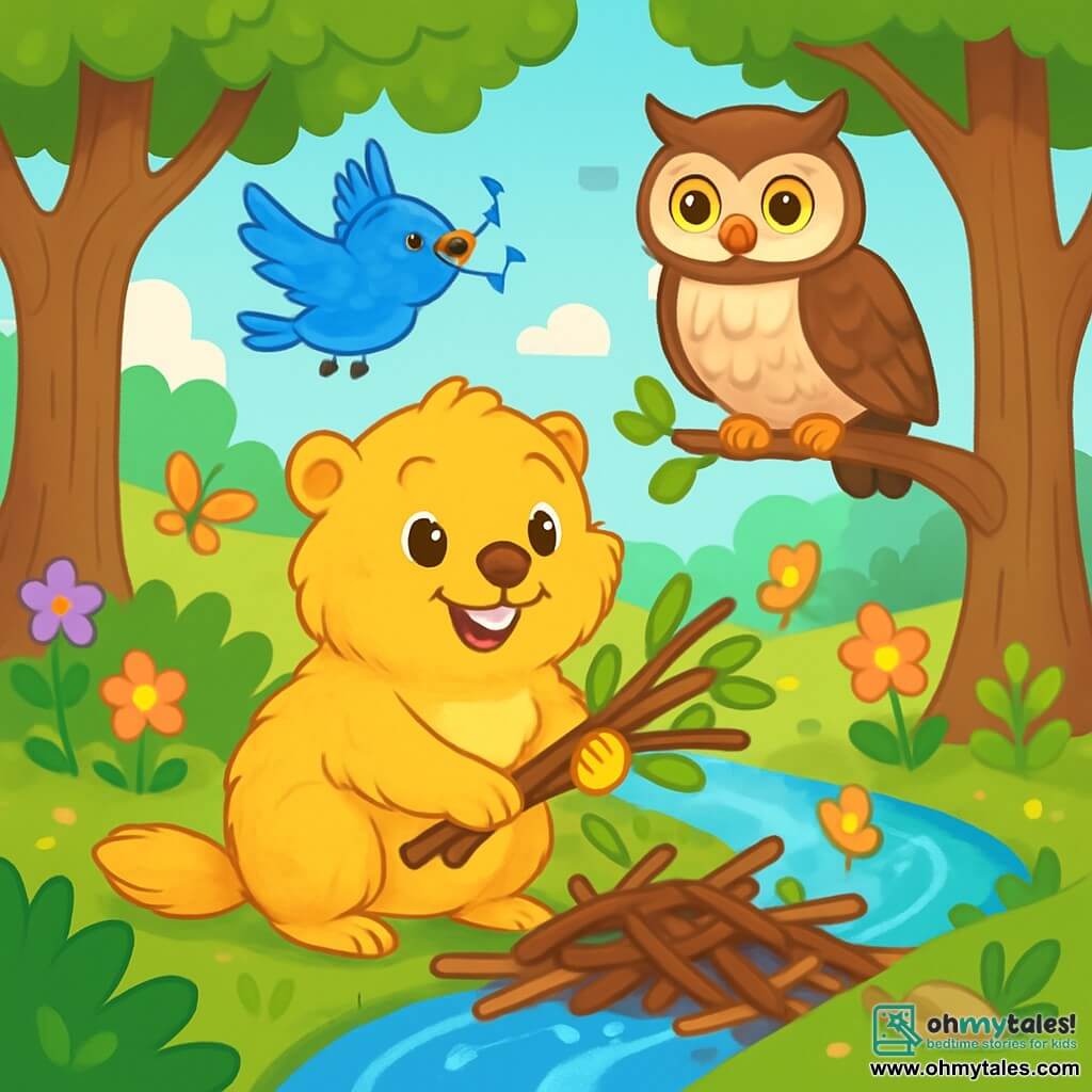 A golden-furred marmot, soft as cotton, stands at the center of the scene, with sparkling eyes full of enthusiasm and a radiant smile. It is gathering branches and leaves to clear a stream, showing determination and courage. Beside it, a wise owl with brown and white feathers perches on a branch, observing attentively with its large, bright eyes filled with wisdom. A small blue bird, bursting with joy, flits around them, singing cheerfully, its shimmering wings glistening in the sun. The setting is an enchanted clearing surrounded by tall, twisted trees, with colorful flowers dancing in the breeze. In the center, a clear stream, partially blocked by branches, sparkles under the sun's rays, while colorful butterflies flutter around. The scene exudes an atmosphere of camaraderie and adventure as friends unite to save their precious water source.