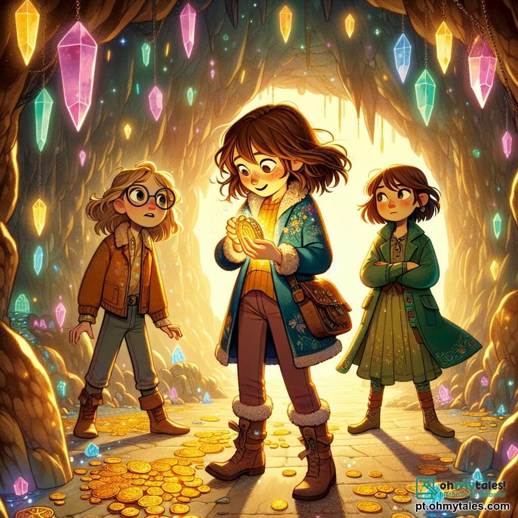 Três meninas, com cerca de 10 anos, estão no centro de uma caverna mágica. Sofia, com longos cabelos castanhos e óculos redondos, observa maravilhada um amuleto dourado que segura nas mãos. Clara, com cabelos loiros bagunçados e uma jaqueta colorida, avança com um sorriso audacioso, pronta para explorar. Ao lado delas, Júlia, com cabelos castanhos e um vestido verde, observa com sabedoria, de braços cruzados, como se estivesse refletindo sobre a situação. A caverna é iluminada por cristais brilhantes nas paredes, projetando reflexos multicoloridos no chão de pedra. Tesouros cintilantes estão espalhados ao redor delas, enquanto uma suave luz dourada emana do amuleto, criando uma atmosfera mágica e misteriosa. As meninas acabaram de descobrir o poder do amuleto e se preparam para enfrentar um dragão que vive na caverna, um momento crucial em que coragem e amizade se encontram em uma aventura emocionante.
