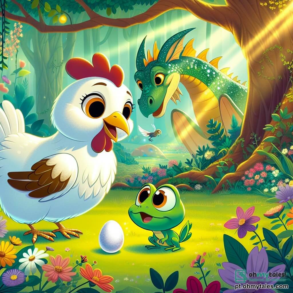 Uma galinha chamada Lila, com penas brancas e manchas marrons, está no centro da imagem, com os olhos arregalados de admiração, olhando para um ovo brilhante no chão. À sua direita, um pequeno sapo verde, com grandes olhos redondos e um sorriso amigável, salta alegremente, pronto para ajudar Lila. Ao fundo, um dragão com escamas brilhantes e asas majestosas está perto de uma grande árvore, com uma expressão curiosa e amigável. O cenário é um encantador bosquete, cheio de flores coloridas e raios de sol filtrando pelas folhas, criando uma atmosfera mágica. A cena mostra Lila e Sapo unidos, prontos para proteger o ovo das intenções do dragão, ilustrando a importância da amizade e da coragem.