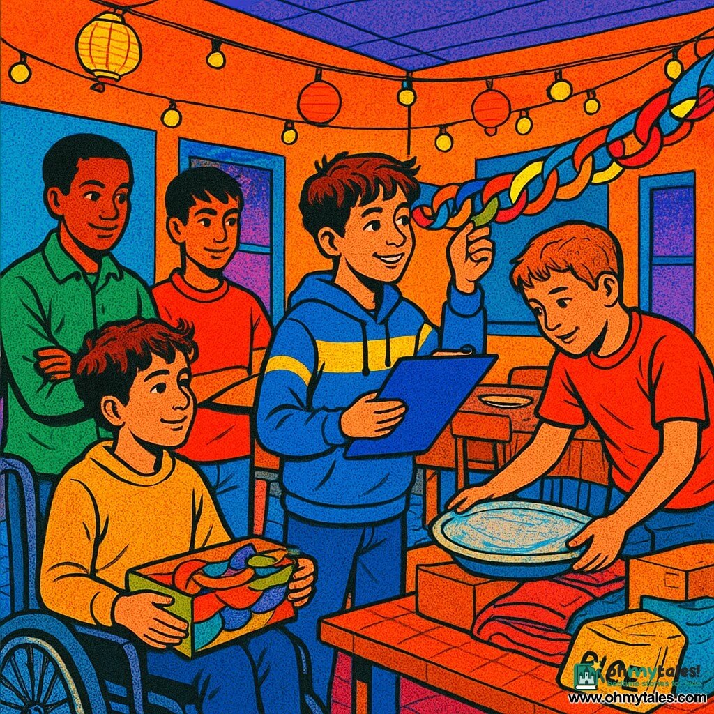 Four 11-year-old boys decorate a community center at dusk: Milo, tousled brown hair, striped blue-and-yellow hoodie, stands center holding a clipboard and a ribbon; Zayd, tall and slim with short black hair and a green jacket, stands left with arms crossed watching thoughtfully; Omar, sturdier with light brown hair and a red T‑shirt, stands right carefully holding a covered dish; Hassan, curly-haired in a gray wheelchair wearing a mustard sweater, sits front holding the box of colorful paper garlands. They hang a long paper garland of kind words above a well-stocked donation table before iftar, Milo holding the ribbon, Hassan adjusting a loop, Omar stabilizing the dish and Zayd watching, bathed in warm golden light with saturated pop-art colors, bold outlines, visible paper textures, and a soft festive atmosphere.