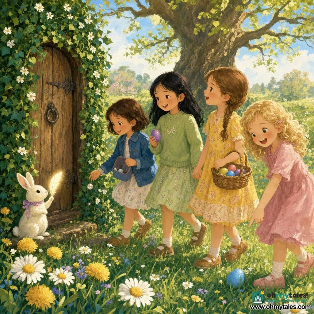 Four girls—Emma (~8, light brown braided hair, yellow floral dress, holding a wicker basket of colorful eggs, looking at a wooden door to the left), Lily (~7, curly blonde hair, pink dress, laughing and pointing at a blue egg on the ground, in front and right of Emma), Zoey (~8, straight black hair, soft green sweater, smiling while holding a purple egg and Zoey holds Mia’s hand, standing center), and Mia (~7, short brown hair, blue jacket, holding an open small blue pouch and dropping a small sparkling white stone, left of Zoey)—follow a small fluffy white rabbit with a pastel ribbon sitting near an ivy-covered wooden door; the rabbit looks at the children and holds a glowing feather. Scene: a spring rainbow meadow with tender green grass dotted with daisies and dandelions, golden morning light, pale blue sky, a background old oak and an isolated wooden door covered in yew and small white flowers; the girls gather before the magical door with baskets of bright eggs, joyful pastel gouache textures, soft lines and slightly blurred contours.