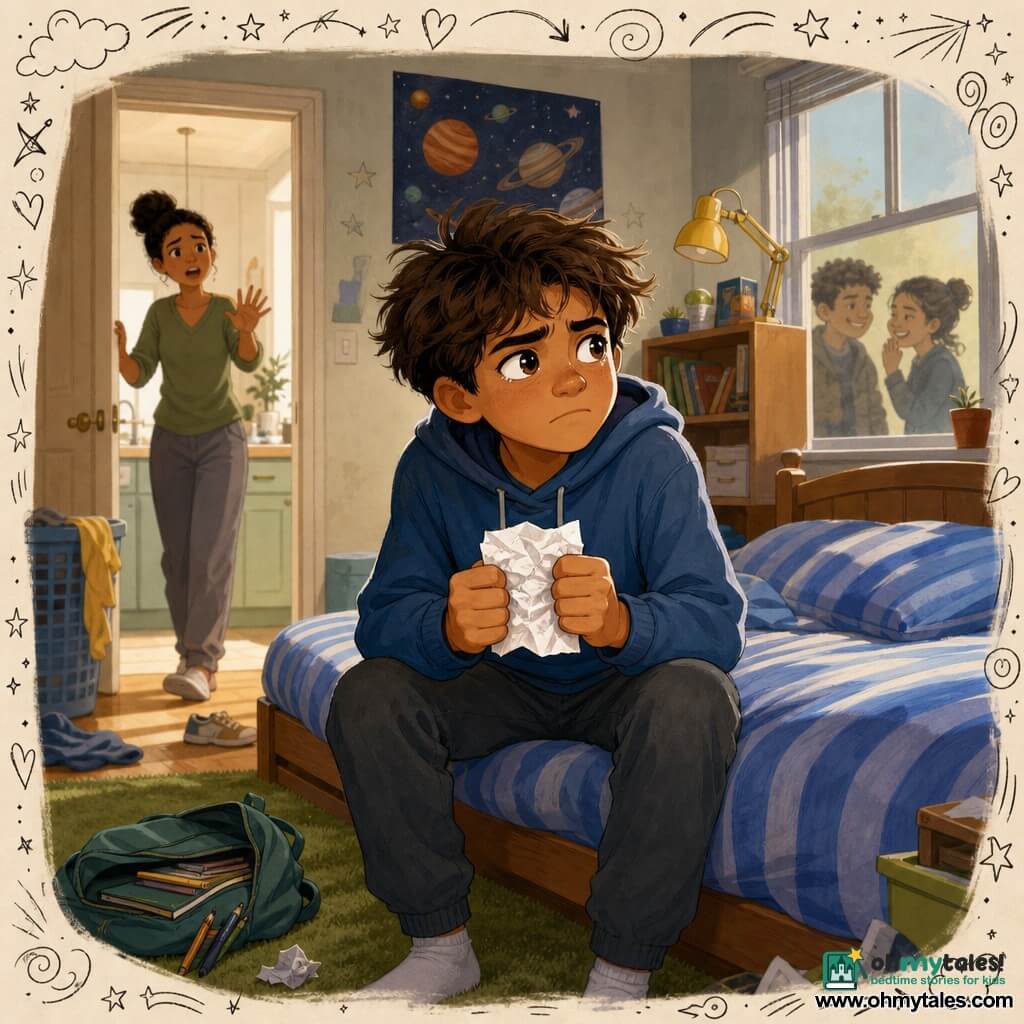 A 12-year-old boy with a round face, messy brown hair and large wet eyes sits on the edge of a blue-striped bed holding a crumpled note with both hands, looking worried yet determined; his mother, about 35 with hair in a bun and casual clothes, calls from the kitchen doorway at the left, blurred in the background; two classmates (a 12-year-old boy and an 11-year-old girl) appear as small blurred silhouettes with mock smiles doodled in the window reflection, suggesting offscreen whispers; the bright but slightly messy room has a planet poster, a bookshelf with a yellow desk lamp, a green rug and an open backpack with pencils; he has just found a hurtful note and appears small and fragile but ready to act, the scene contrasting vulnerability (crumpled paper, hunched posture) with a spark of courage (clenched fists, gaze fixed toward the door).