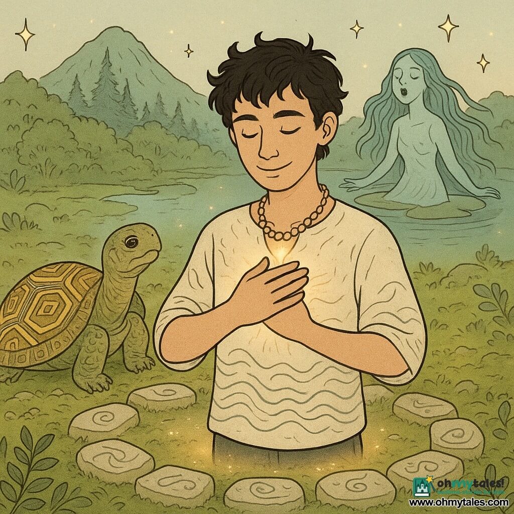 A young man, smiling yet focused, hands on his chest, soft gaze downward, tousled black hair, wearing a light linen garment with wave motifs and a small shell necklace, stands at the center of a ring of stones emitting a faint halo; to his left, an elderly wise female turtle with a broad shell decorated with golden geometric patterns and calm bright eyes rests on mossy ground looking at him; in the background a venerable female lagoon figure floats on a large water-lily leaf with long algae-like hair and slightly translucent skin, singing toward him at the edge of a luminous pool; the setting is a wooded mountain summit with moss and silvery leaves underfoot, a carved stone circle bearing wind and water symbols, fine golden mist and moving stars in the sky; the moment captures the man discovering a true gesture as soft light springs from his hand over his chest, the stones and mist responding, creating a peaceful, wondrous, benevolent atmosphere.