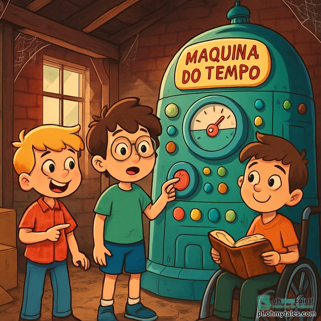 Há 3 personagens: - Miguel: um garoto de 10 anos, com cabelos castanhos bagunçados e óculos redondos. Ele usa uma camiseta verde e um short azul, está no centro, olhando maravilhado para a máquina do tempo. - Lucas: um garoto de 10 anos, com cabelos loiros e olhos brilhantes. Ele veste uma camisa xadrez vermelha e um jeans, está à esquerda de Miguel, apontando para a máquina com um grande sorriso. - Caio: um garoto de 10 anos, com cabelos castanhos e um olhar gentil. Ele está em sua cadeira de rodas à direita de Miguel, segurando um livro antigo, fascinado pela descoberta. O local é um velho alpendre de madeira, cheio de poeira e teias de aranha. As paredes são de tijolos vermelhos, e uma luz suave filtra através de uma janela quebrada, iluminando uma máquina do tempo maciça, adornada com botões coloridos e luzes piscantes. Caixas e objetos antigos estão espalhados ao redor, criando uma atmosfera misteriosa e mágica. A cena principal mostra os três amigos descobrindo a máquina do tempo, com expressões de surpresa e excitação em seus rostos, prontos para apertar um botão e começar sua incrível viagem no tempo.