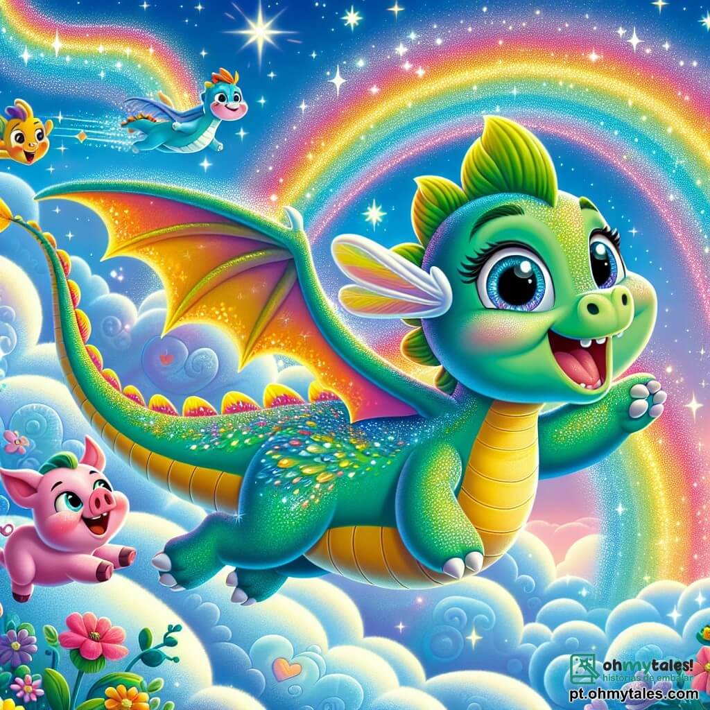 Um dragão chamado Fumacinha, um jovem dragão com escamas brilhantes que mudam de cor, está voando alegremente no céu. Suas escamas brilham em um verde vibrante, e seus grandes olhos redondos expressam imensa alegria e admiração. Ele bate as asas com entusiasmo, deixando para trás um rastro de purpurina colorida. Ao seu lado, Rápido, um pequeno porquinho rosa com grandes orelhas, salta de alegria em uma nuvem em forma de coração. Ele tem um sorriso radiante e suas patas estão levantadas, como se estivesse aplaudindo a façanha de Fumacinha. Um pouco mais adiante, Pipo, um dragão travesso de pelagem laranja e olhos brilhantes, ri enquanto flutua em outra nuvem, segurando uma grande pera em forma de coração. O céu é de um azul vibrante, salpicado de nuvens fofas e coloridas, enquanto abaixo, a Montanha do Sorriso se ergue majestosa, com flores multicoloridas e rios cintilantes serpenteando em sua base. A cena principal mostra Fumacinha, o dragão, que acaba de realizar seu sonho de voar, cercado por seus amigos, celebrando juntos essa maravilhosa aventura em um mundo mágico e alegre.