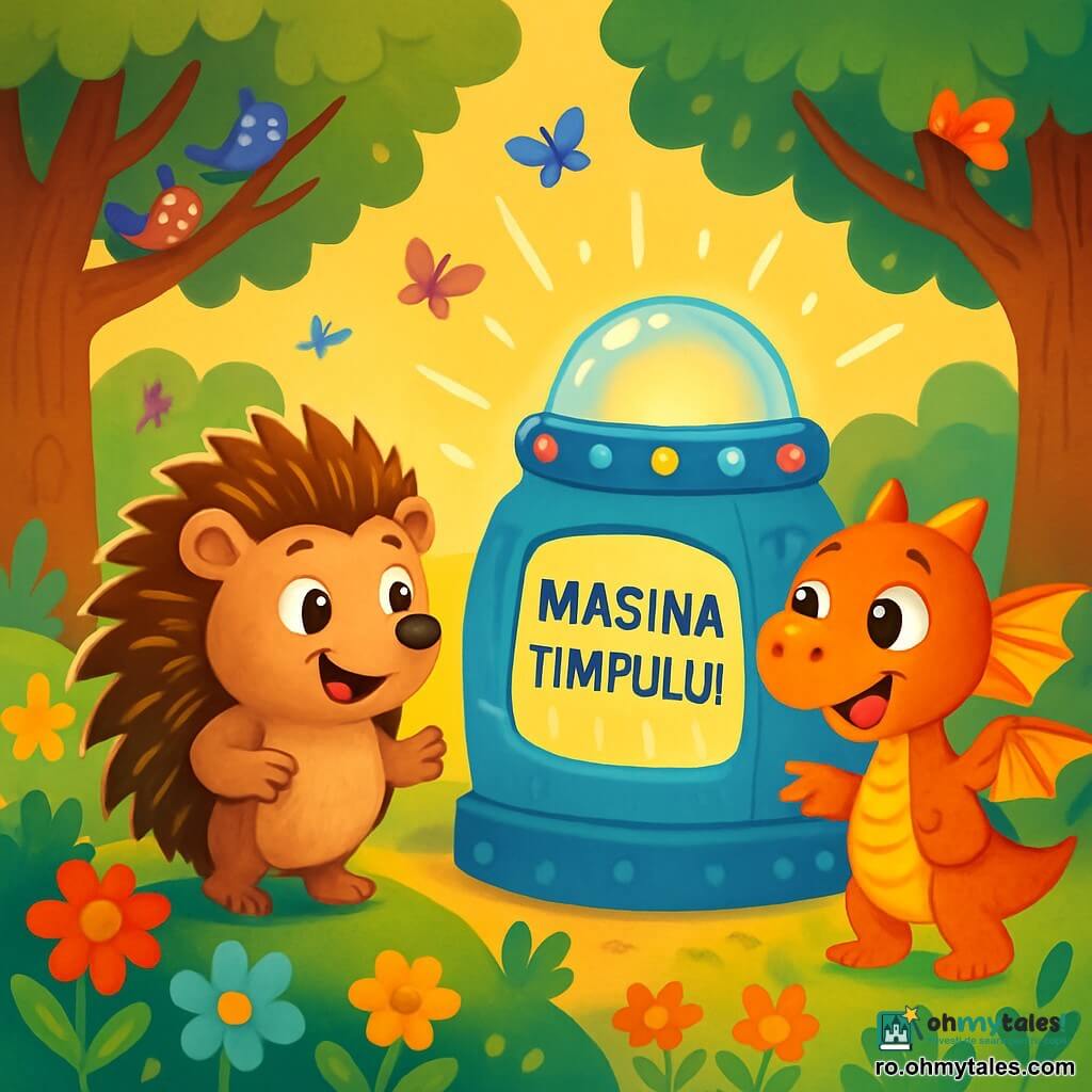 Un arici curios numit Puf, cu un blană brună și țepi aurii, zâmbește cu uimire în timp ce descoperă o mașină a timpului strălucitoare, împodobită cu lumini colorate. Puf stă pe o mică colină, înconjurat de flori strălucitoare și frunze verzi, cu ochii strălucind de bucurie și entuziasm. Lângă el, un dragonel portocaliu, Dino, cu aripi sclipitoare și un zâmbet larg, se apropie cu curiozitate, privindu-l pe Puf cu admirație, gata să-l însoțească în această nouă aventură. Locul este o pădure fermecată, scăldată în lumină aurie, cu copaci majestuoși și crengi care se întind ca niște brațe primitoare. O situație principală îi arată pe Puf și Dino, uimiți, în fața mașinii timpului, în timp ce o lumină strălucitoare se revarsă din ea, promițând aventuri extraordinare.