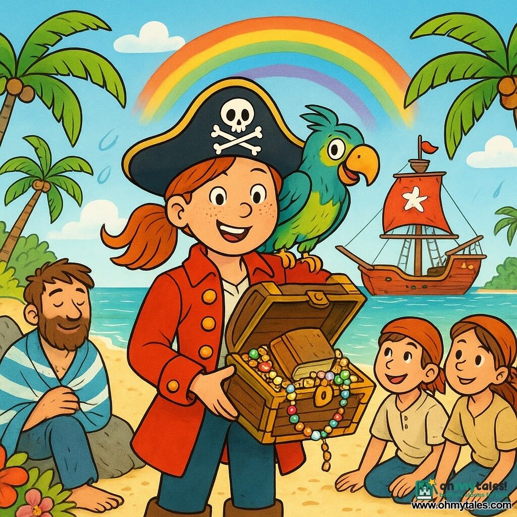A smiling, brave young pirate captain named Rosie with a round freckled face and red ponytail wearing a bright red jacket with gold buttons stands with her feet in cream sand holding an open chest spilling colorful jewels and a large old book; Polly the parrot with green, blue, and yellow feathers perches on her right shoulder with wings slightly open and a mischievous look; Sam, a roughly 30-year-old sailor with messy brown hair wrapped in a striped blanket, sits by a rock to Rosie’s left smiling gratefully at the treasure; two teenage crew members kneel to the right admiring the jewels; the bright red ship The Starfish is anchored near shore with its sail full and a starfish flag; the tropical island has curved palms, large colorful flowers, a shining rainbow, a few white clouds and drying rain; the joyful post-storm scene is bathed in golden light on the chest with sparkling multicolored gems, warm comforting atmosphere, centered composition on Rosie and the chest, vivid contrasting colors, clean lines and soft outlines suitable for toddlers.