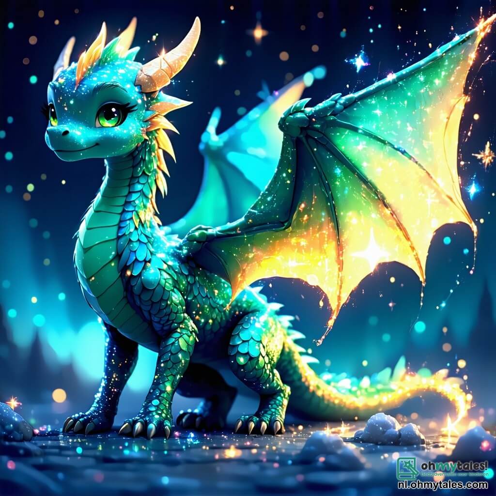 Zephyra, een jonge draak met glinsterende turquoise schubben en sterrenachtige ogen, staat trots in het midden van het podium, haar gezicht toont vastberadenheid en verwondering. Ze spreidt haar grote doorzichtige vleugels, klaar om op te stijgen naar een mysterieuze fonkelende ster boven haar. Naast haar staat een wijze feniks met vurig gekleurde veren, zijn gouden ogen stralend van wijsheid en vriendschap, die haar aanmoedigt met een knikje, terwijl hij iets boven de grond zweeft. Verderop observeert een mechanische griffioen, met glanzende tandwielen en metalen vleugels, de scène met nieuwsgierigheid, zijn grote ogen tonen fascinatie voor het avontuur dat zich aandient. De achtergrond is een kleurrijke nevel, waar sterrenstofwolken dansen rond drijvende eilanden, verlicht door magische lichtflitsen. Luminescente kristallen komen uit de grond omhoog en werpen kleurrijke reflecties op de gezichten van de personages. De hoofdactie toont Zephyra die zich voorbereidt om een oude sterpoort te activeren, een majestueuze structuur versierd met glanzende runen, die straalt met een mysterieuze licht, belovend een ongelooflijk intergalactisch avontuur.