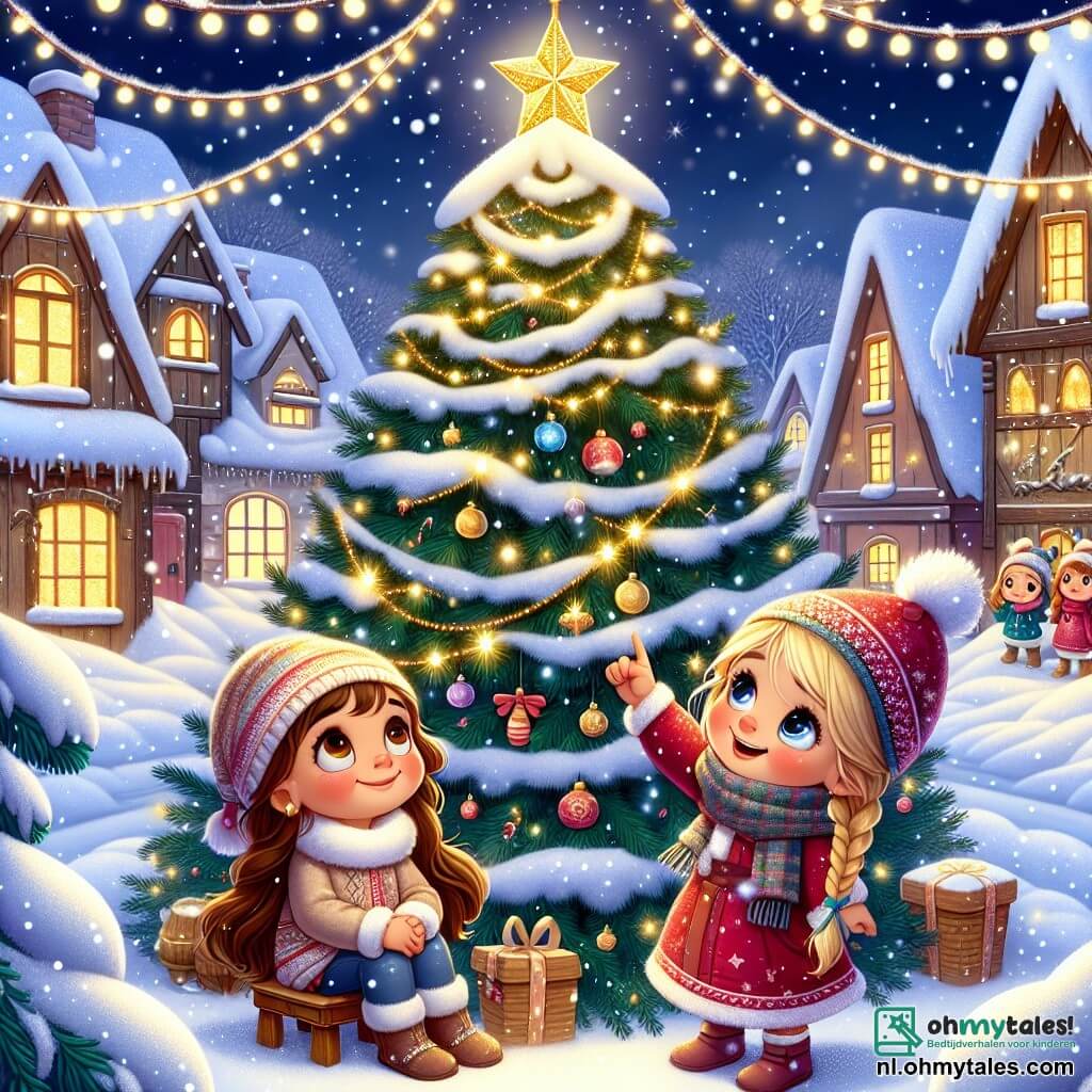 In een charmant besneeuwd dorp staan twee vriendinnen aan de voet van een grote majestueuze kerstboom. Lila, een 8-jarig meisje met lange bruine haren en sprankelende ogen, zit op haar speciale stoel, glimlachend en kijkend naar de lucht. Naast haar wijst Noor, een 7-jarig meisje met vlechten en een rode muts, naar een heldere ster die aan de takken van de boom hangt. Het dorp is versierd met fonkelende lichtslingers en de houten huizen zijn bedekt met een dikke laag sneeuw. Sneeuwvlokken vallen zachtjes uit de lucht, wat een magische en feestelijke sfeer creëert. Lila en Noor proberen de mooie gouden ster terug te halen die verloren is gegaan op de top van de boom, wat de kerstgeest symboliseert. Ze zijn omringd door fonkelende sneeuw, en hun gezichten stralen van vreugde en opwinding.