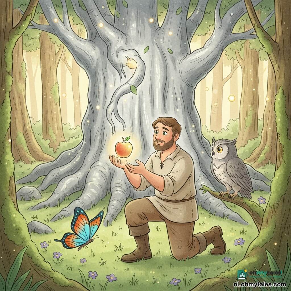 Elias, ronde gezicht, korte baard, groene ogen, verwonderde zachte blik, handen uitgestrekt om een glanzende appel te ontvangen; hij draagt een beige linnen hemd, bruine broek en leren laarzen. Een wijze uil met grijs-witte veren en grote gouden ogen zit op een lage tak rechts van hem, de kop naar hem gedraaid alsof ze spreekt. Een kleurrijke vlinder met blauw-cyaan en feloranje vleugels vliegt op de voorgrond bij Elias' gezicht, vleugels wijd in vlucht. De scène: een betoverde bosopen plek met groen gras en paarse bloemetjes, mos bedekte oude stammen, gouden zonnestralen en zwevende vuurvliegjes; een reusachtige boom met knoestige wortels en zilverkleurige schors reikt een tak uit en laat een lichtgevende appel vallen naar Elias. Warme, pastelkleuren, zachte texturen, licht dalend perspectief om de grootte van de boom te benadrukken; grafische stijl met zuivere lijnen, zachte contouren, lichte schaduwen, digitale aquarel/vektorillustratie in een sprookjesachtige kinderstijl.