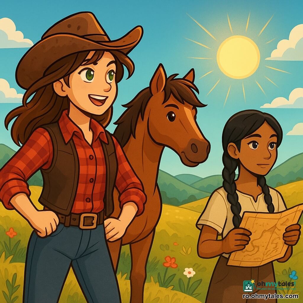Marisela, o tânără cowboy de aproximativ 20 de ani, stă mândră pe o colină, cu părul castaniu fluturând în vânt, fața ei marcată de o determinare strălucitoare și o curiozitate plină de viață. Poartă o pălărie de cowboy uzată, o cămașă în carouri roșii și o vestă din piele, iar ochii ei verzi strălucesc de entuziasm în timp ce scrutează orizontul. Lângă ea, Bric, micul ei cal robust, are o coamă zburlită și ochi vii, stând cu o postură atentă, pregătit să o urmeze în aventură. Puțin mai departe, Asha, o tânără de aproximativ 18 ani, cu părul negru împletit și pielea bronzată, observă scena cu atenție, ochii ei gri plini de înțelepciune, ținând o hartă veche în mâini, gata să o ajute pe Marisela. Peisajul este o vastă pajiște aurie, presărată cu flori sălbatice colorate și mici coline ondulate sub un cer albastru strălucitor, unde soarele strălucește intens, creând umbre blânde pe sol. Situația principală arată cum Marisela și Asha descoperă o hartă veche, realizând că sunt pe punctul de a găsi un drum misterios care le va conduce spre o vale uitată, plină de promisiuni și secrete de explorat.