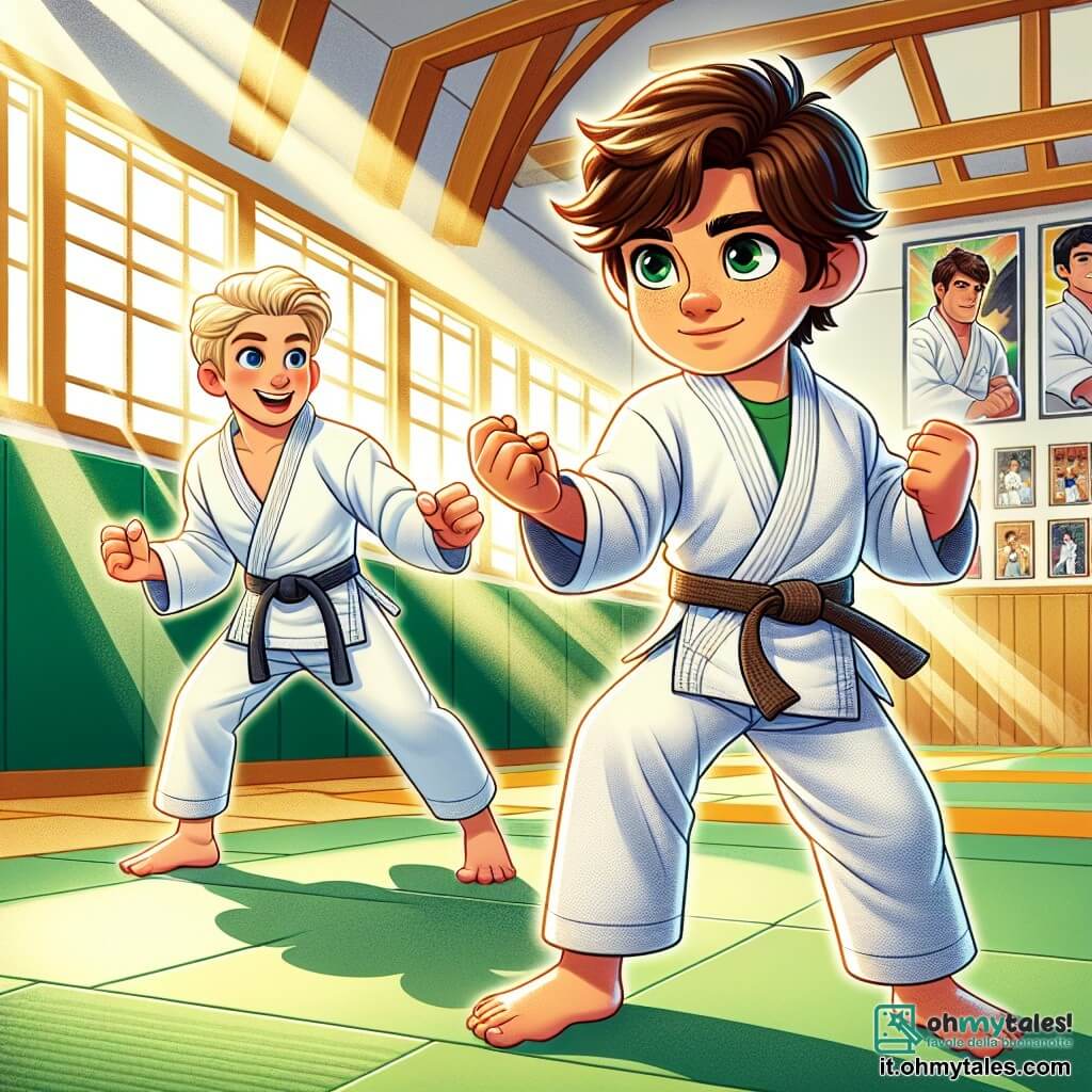In un dojo luminoso, due ragazzi sono al centro dell'attenzione. Marco, un ragazzo di otto anni con capelli castani e occhi vivaci, indossa un judogi bianco leggermente stropicciato ed è in posizione di combattimento con uno sguardo determinato. Accanto a lui, Luca, un ragazzo di nove anni con capelli biondi e occhi blu, sorride con fiducia, pronto a sostenerlo. Anche lui indossa un judogi bianco, ma il suo è impeccabilmente piegato. Il dojo è decorato con tatami verdi e pareti in legno chiaro, con manifesti di campioni di judo appesi. La scena principale mostra Marco e Luca in azione, pronti a combattere durante un torneo di judo. Marco, in una postura concentrata, si lancia verso il suo avversario, mentre Luca, sullo sfondo, lo incoraggia con entusiasmo, alzando le braccia in segno di sostegno. L'energia e l'eccitazione di questo momento catturano lo spirito di squadra e l'amicizia che li unisce.